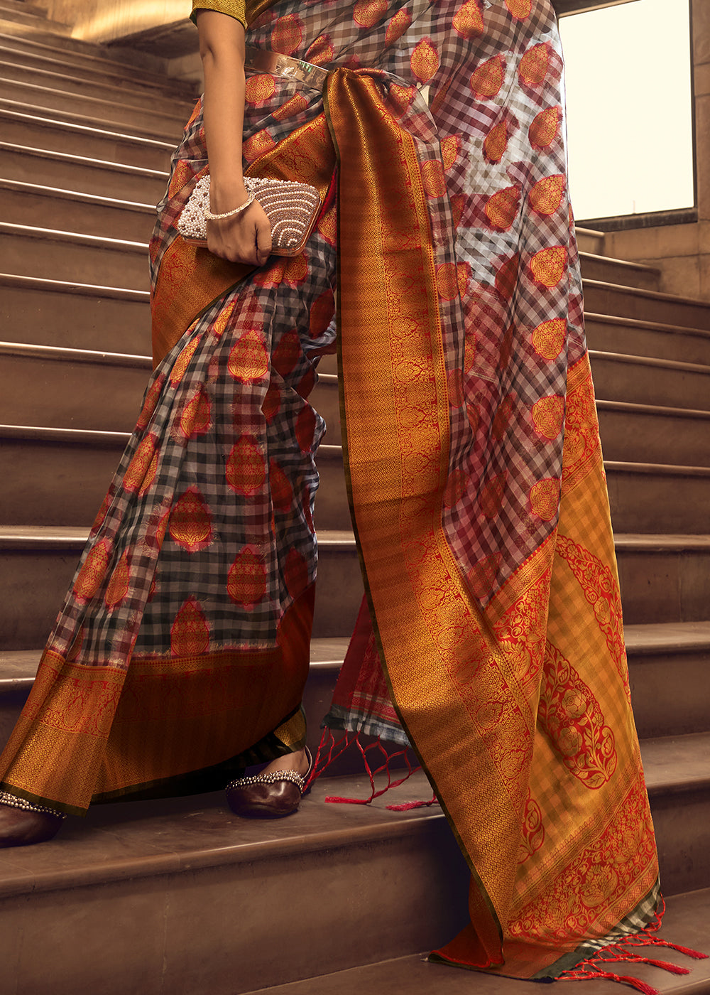 Anchor Grey Zari Woven Banarasi Silk Saree - qivii
