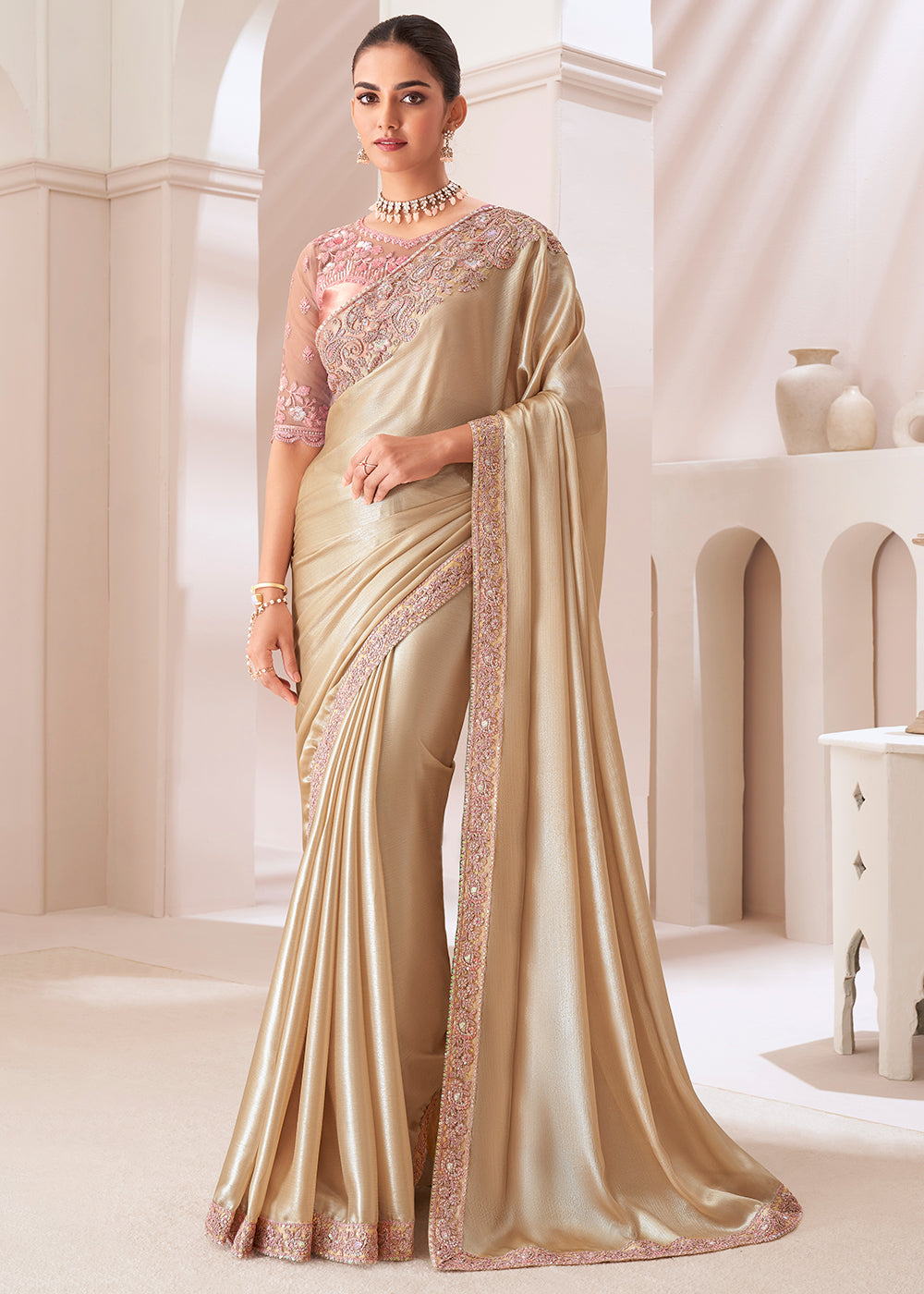 Golden Brown Designer Embroidered Satin Chiffon Saree : Top Pick - qivii