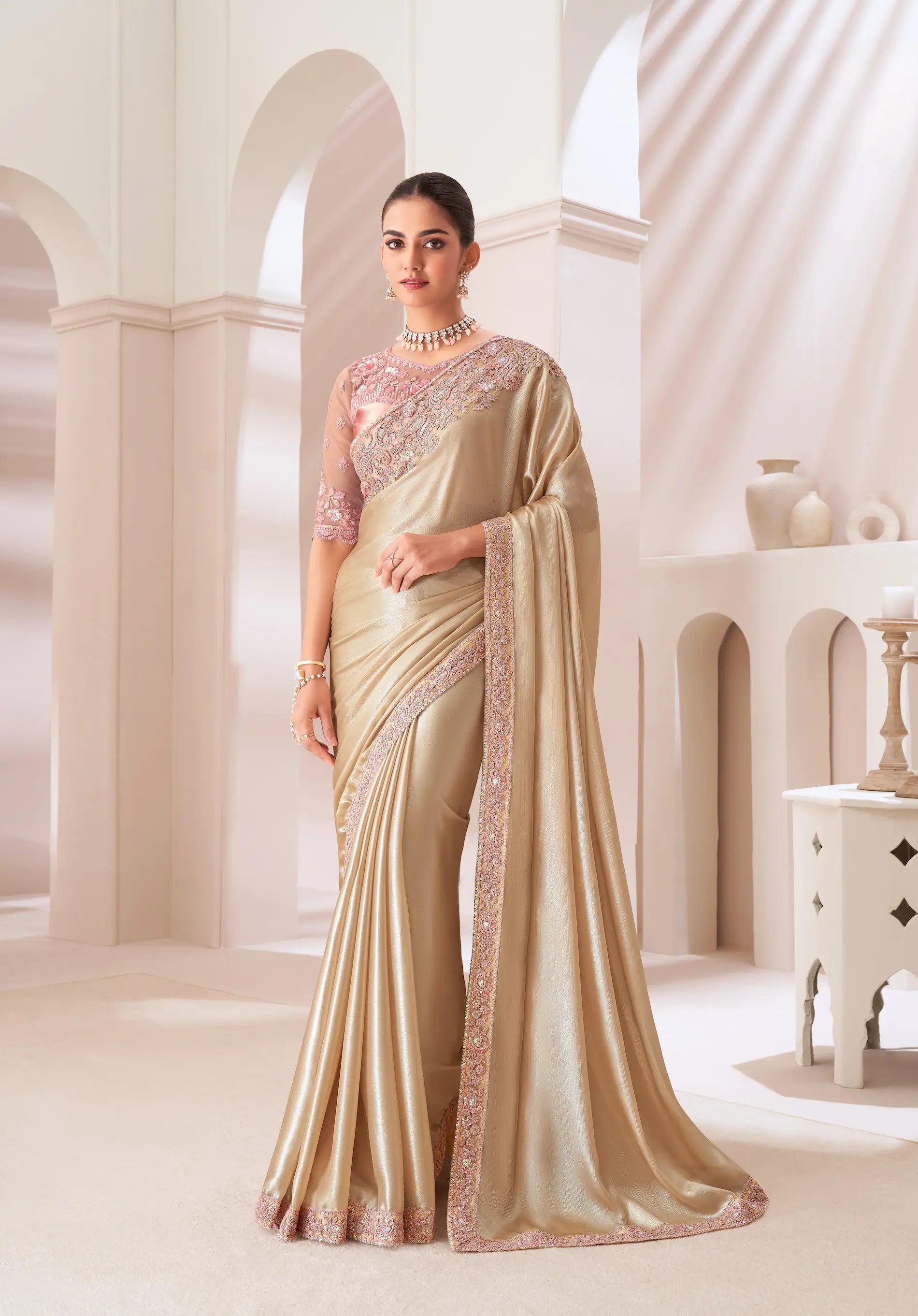 Golden Satin Chiffon Party Wear Saree With Sequence & Thread Embroidery Work - qivii