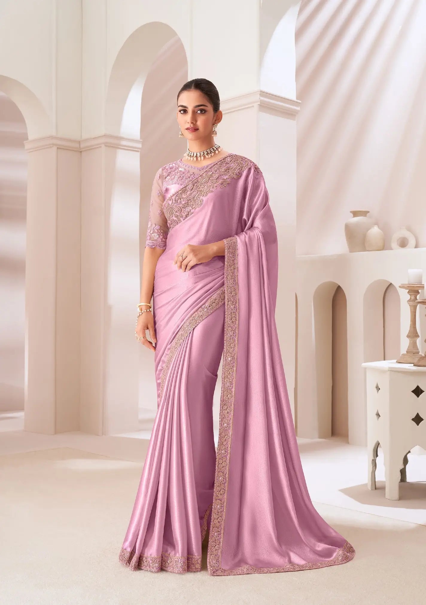 Light Pink Satin Chiffon Party Wear Saree With Sequence & Thread Embroidery Work - qivii