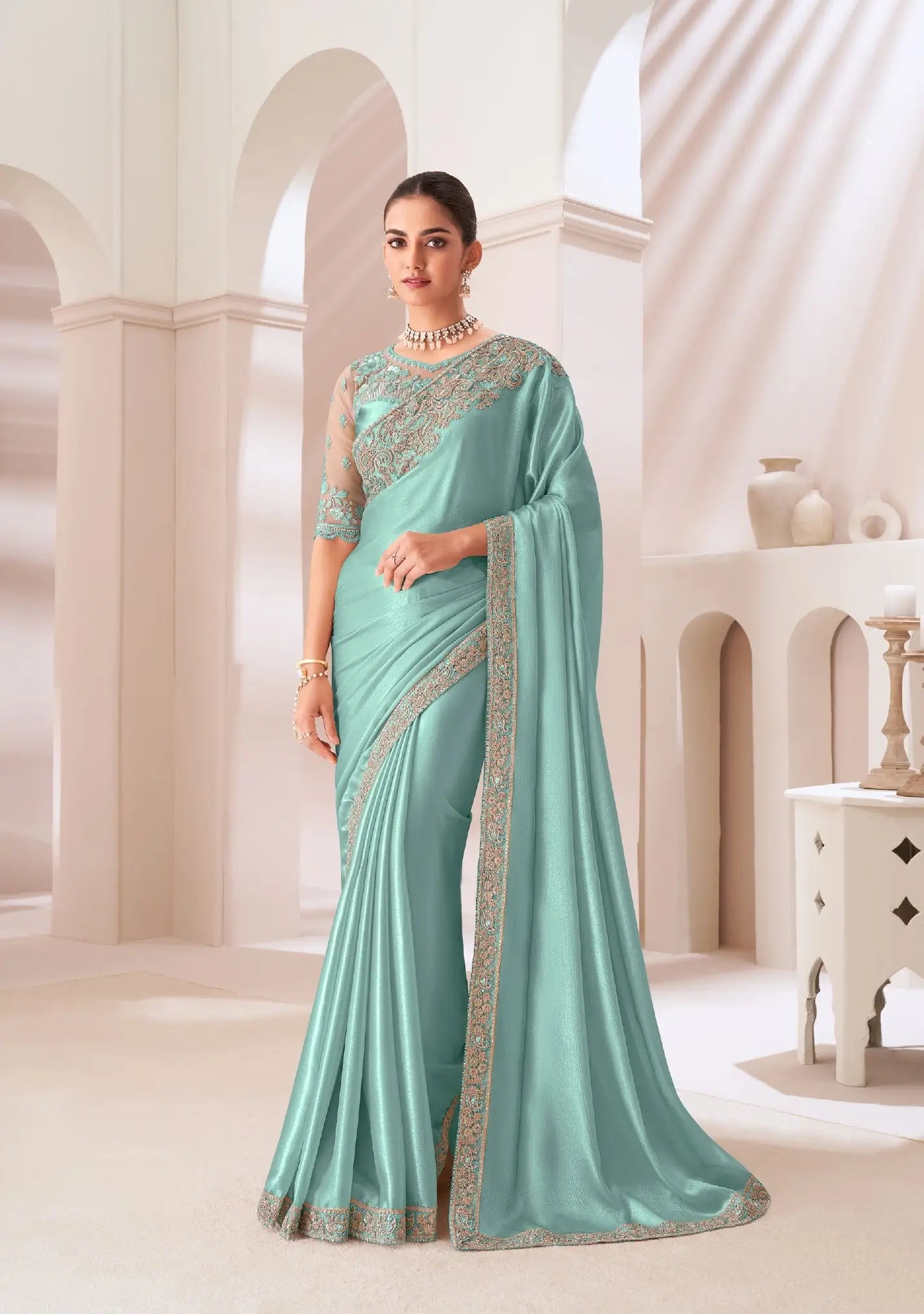 Turquoise Green Satin Chiffon Party Wear Saree With Sequence & Thread Embroidery Work - qivii