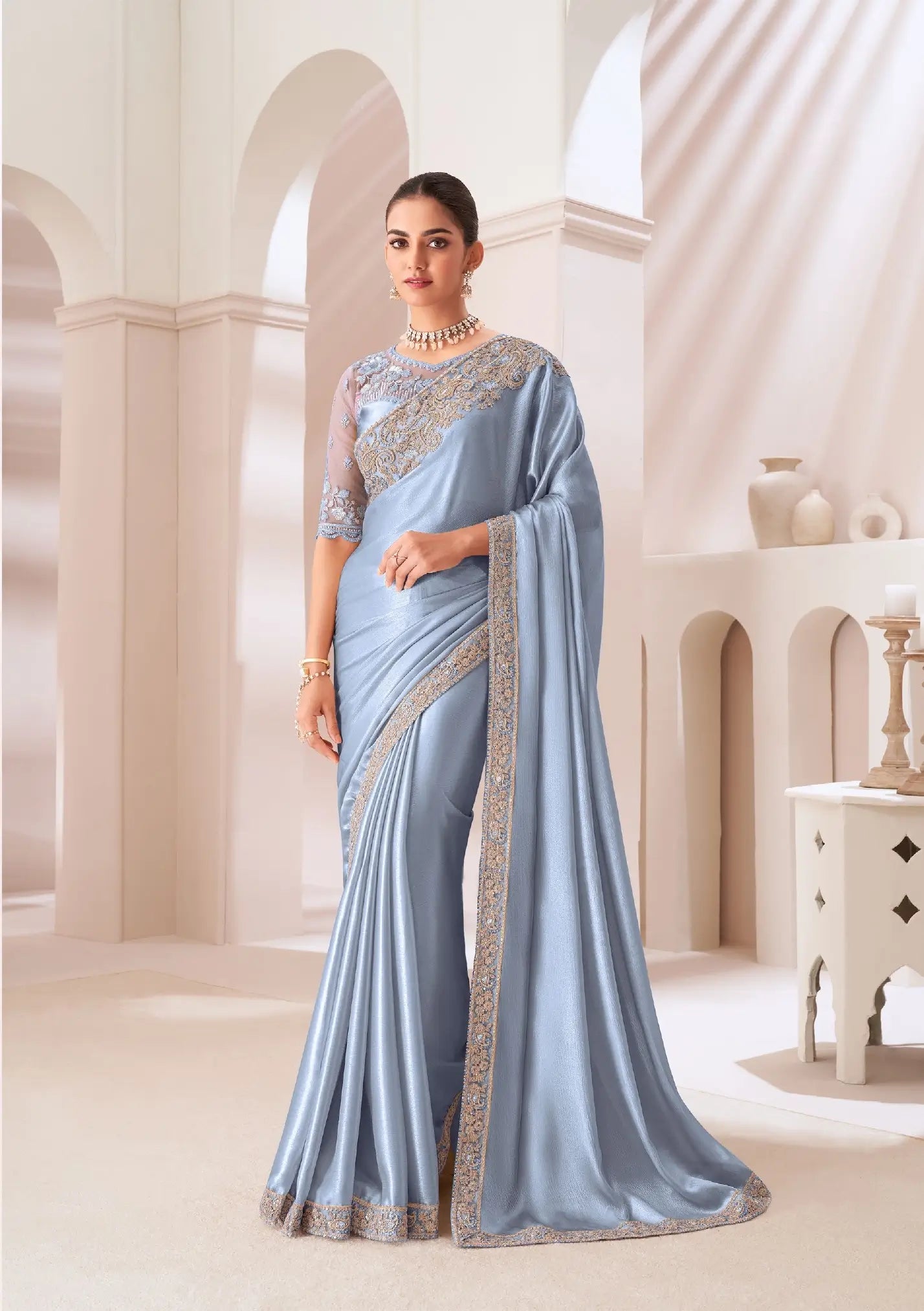 Blue Grey Satin Chiffon Party Wear Saree With Sequence & Thread Embroidery Work - qivii