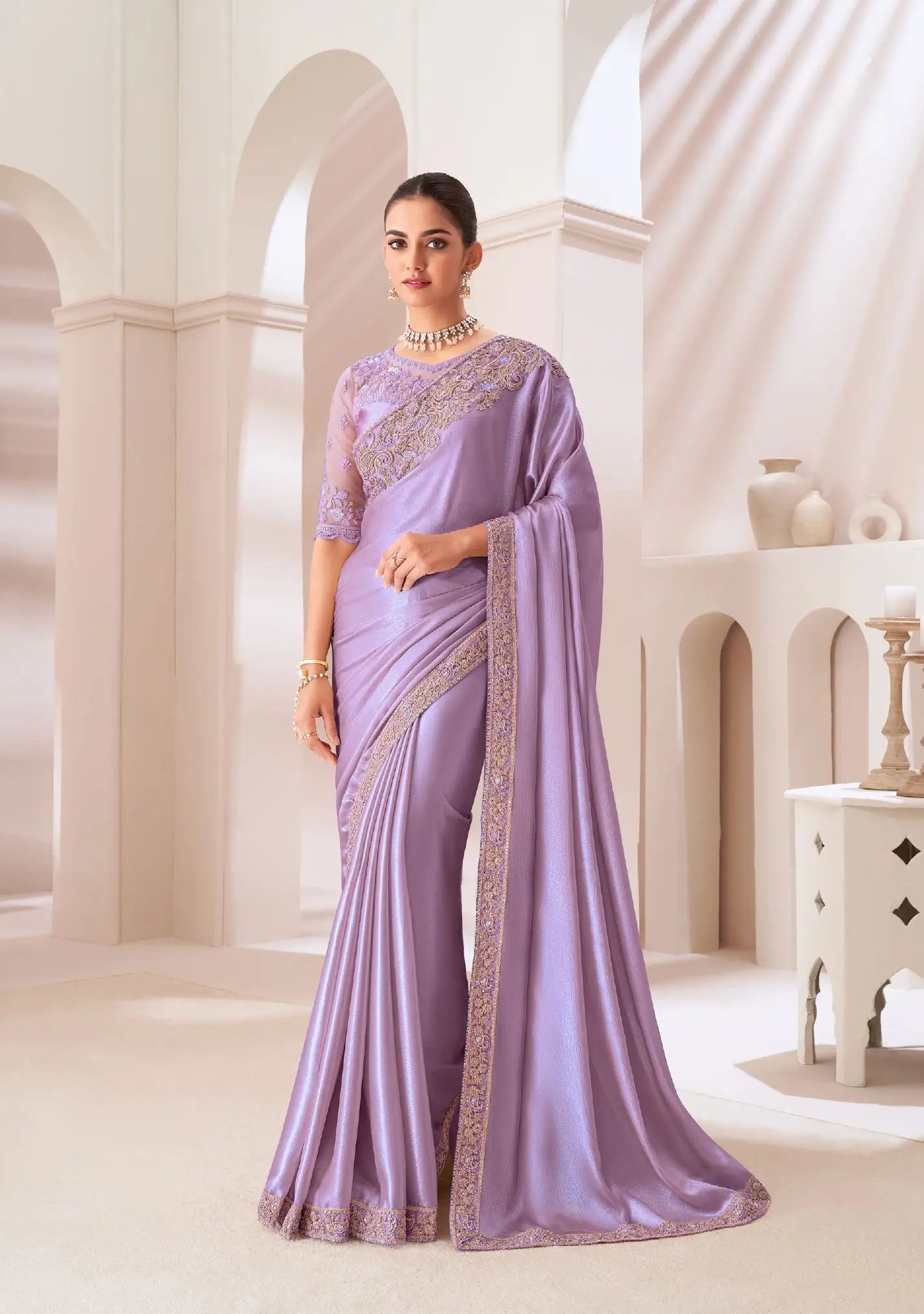 Lavender Satin Chiffon Party Wear Saree With Sequence & Thread Embroidery Work - qivii
