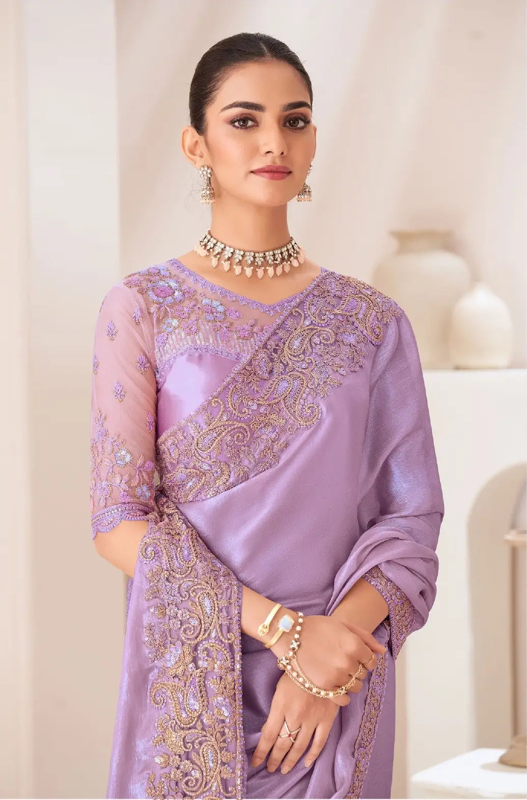 Lavender Satin Chiffon Party Wear Saree With Sequence & Thread Embroidery Work - qivii