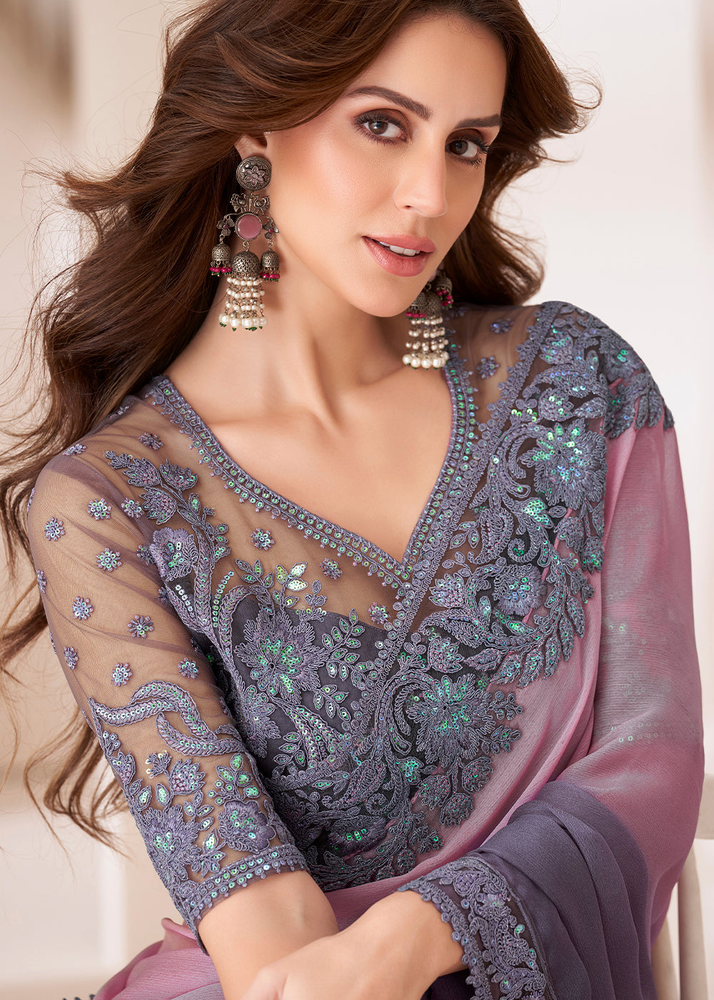 Shades Of Purple Designer Embroidered Chiffon Saree - qivii