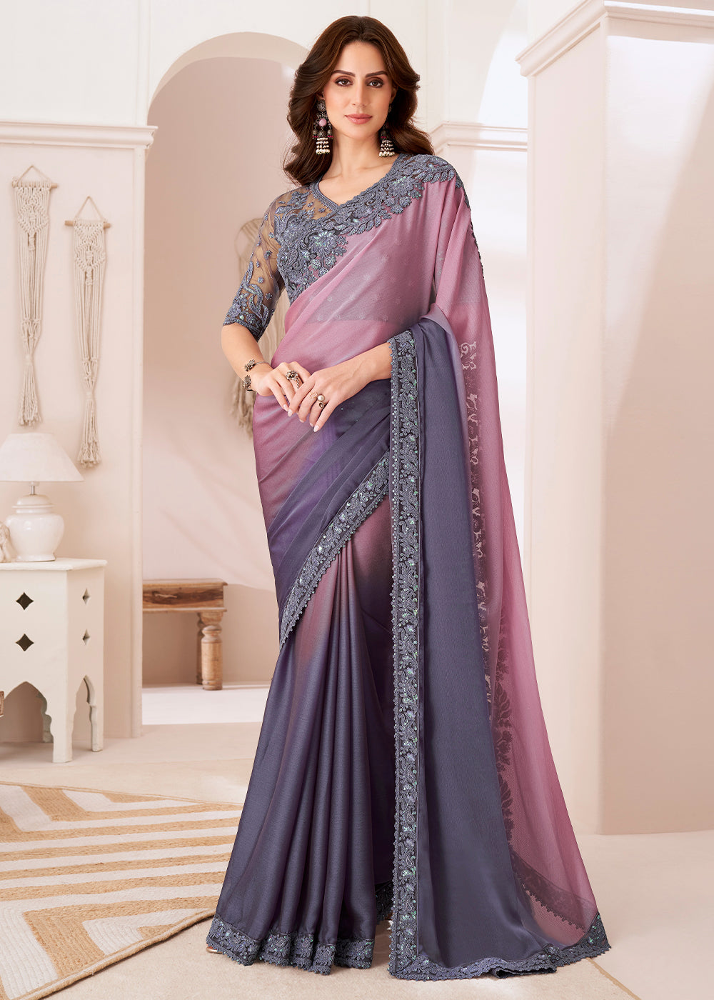 Shades Of Purple Designer Embroidered Chiffon Saree - qivii
