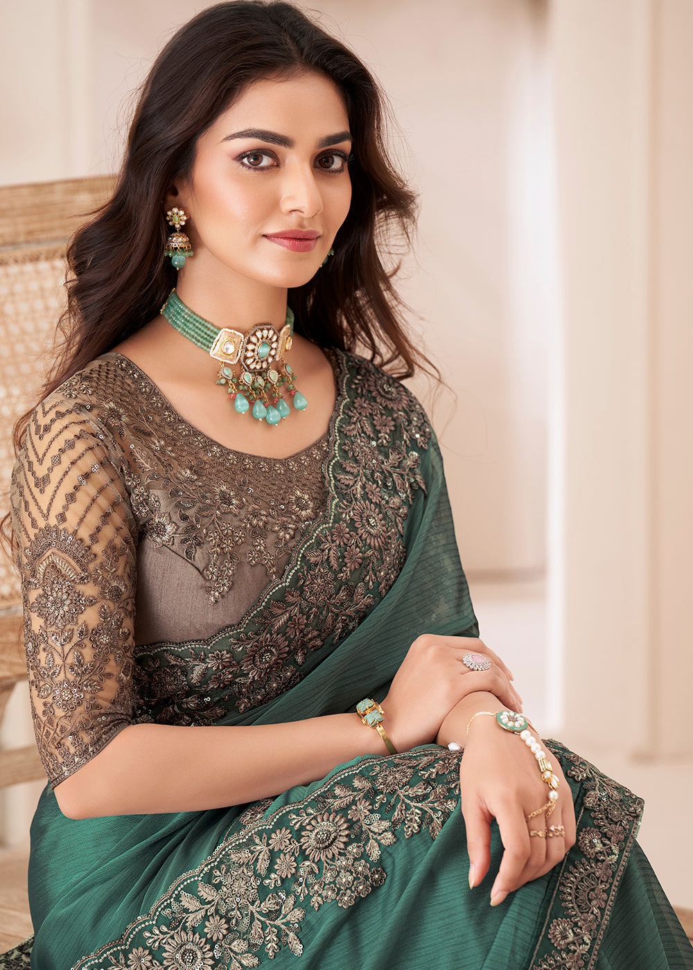 Viridian Green Designer Embroidered Georgette Silk Saree - qivii