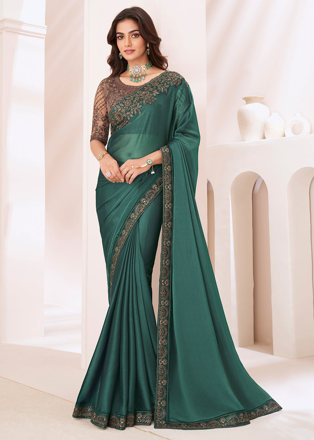 Viridian Green Designer Embroidered Georgette Silk Saree - qivii
