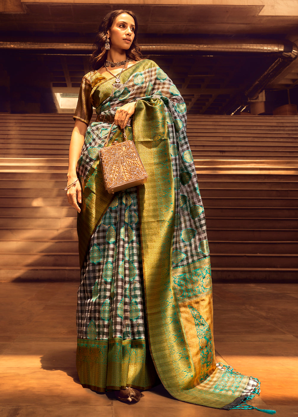 Cool Green Zari Woven Banarasi Silk Saree - qivii