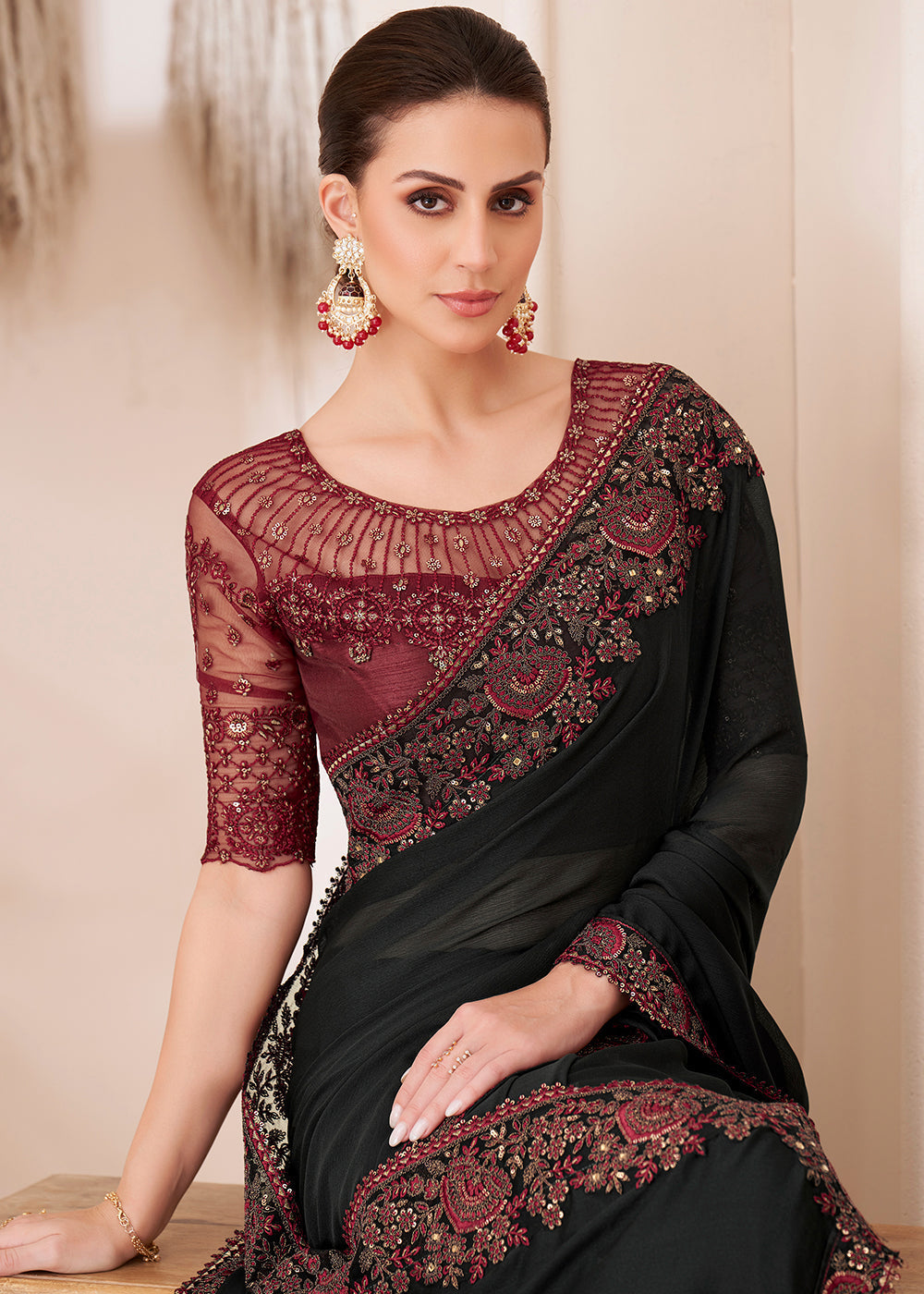 Midnight Black Designer Embroidered Silk Chiffon Saree - qivii