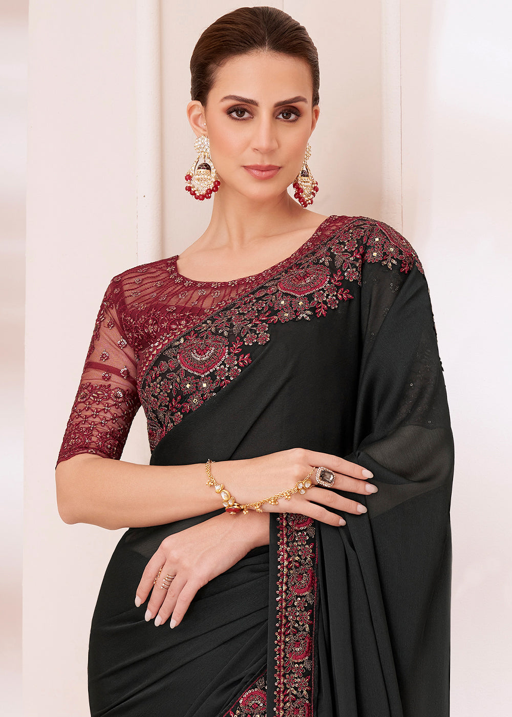 Midnight Black Designer Embroidered Silk Chiffon Saree - qivii