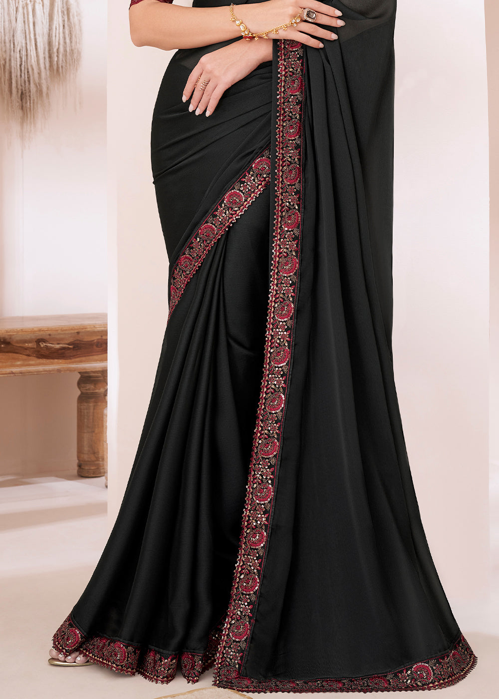 Midnight Black Designer Embroidered Silk Chiffon Saree - qivii