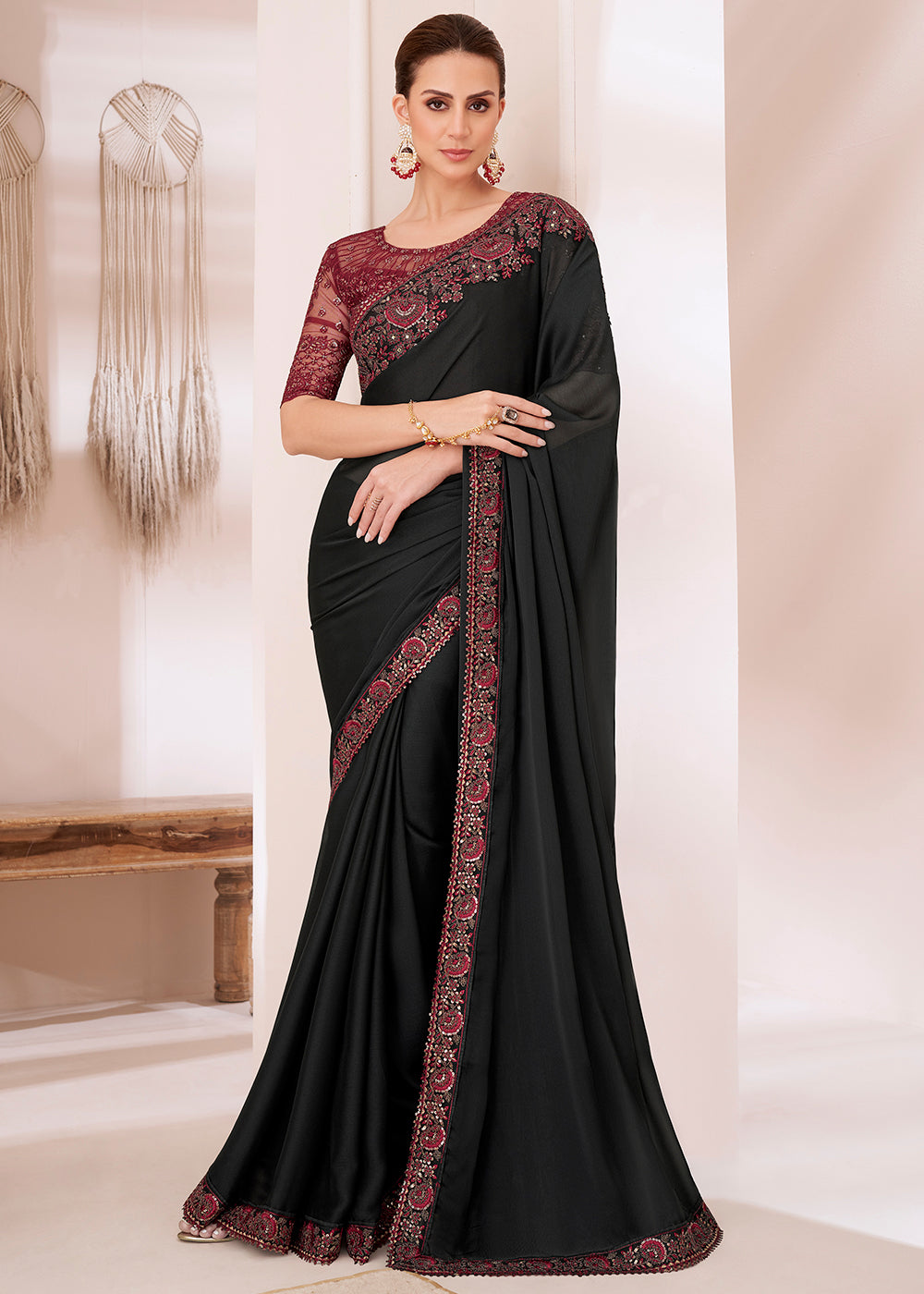 Midnight Black Designer Embroidered Silk Chiffon Saree - qivii