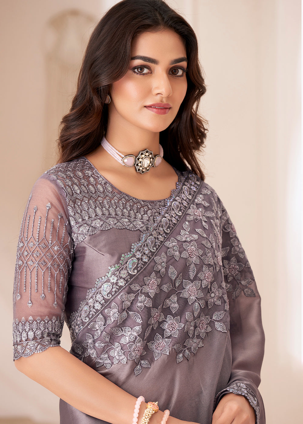 Mauve Purple Designer Embroidered Satin Silk Saree - qivii