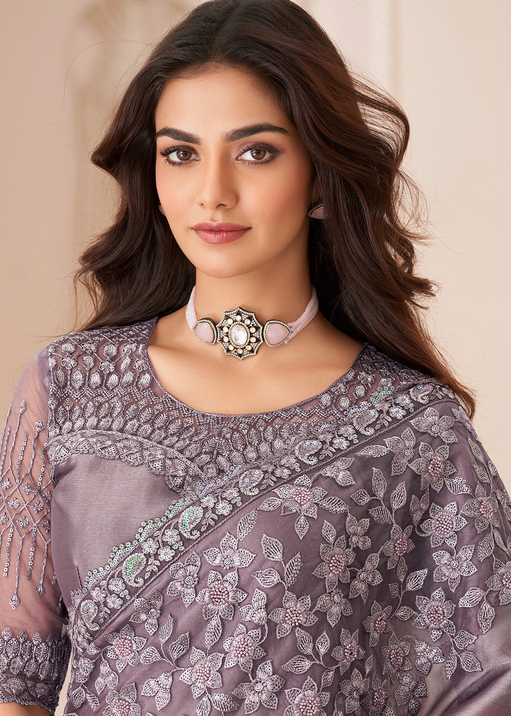 Mauve Purple Designer Embroidered Satin Silk Saree - qivii