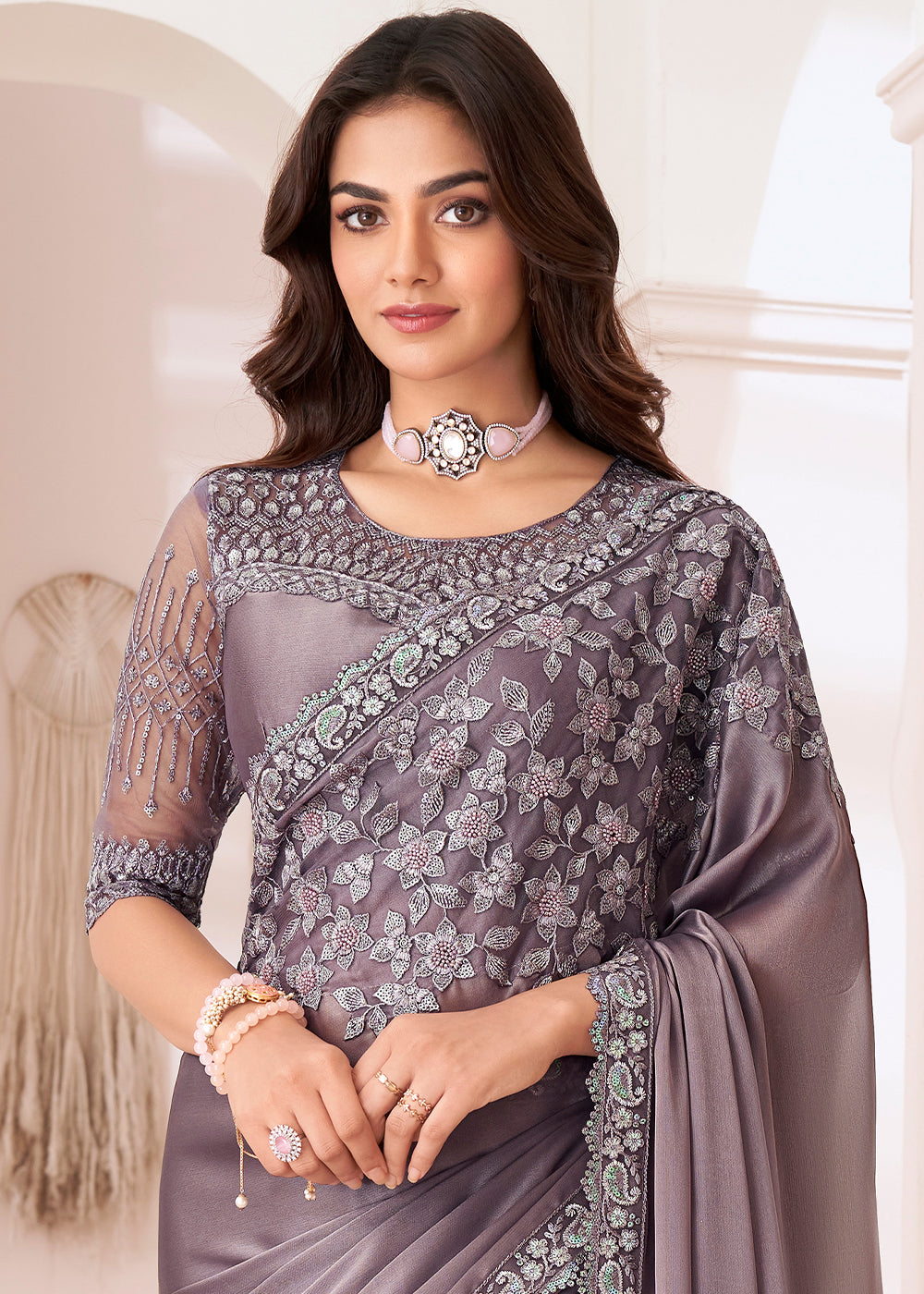 Mauve Purple Designer Embroidered Satin Silk Saree - qivii