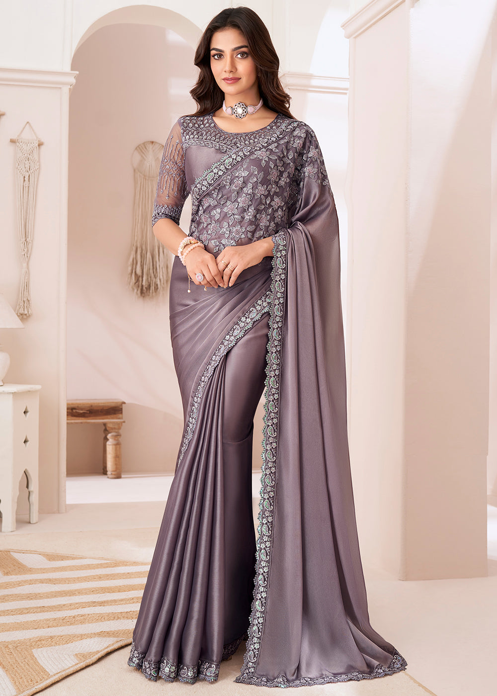Mauve Purple Designer Embroidered Satin Silk Saree - qivii