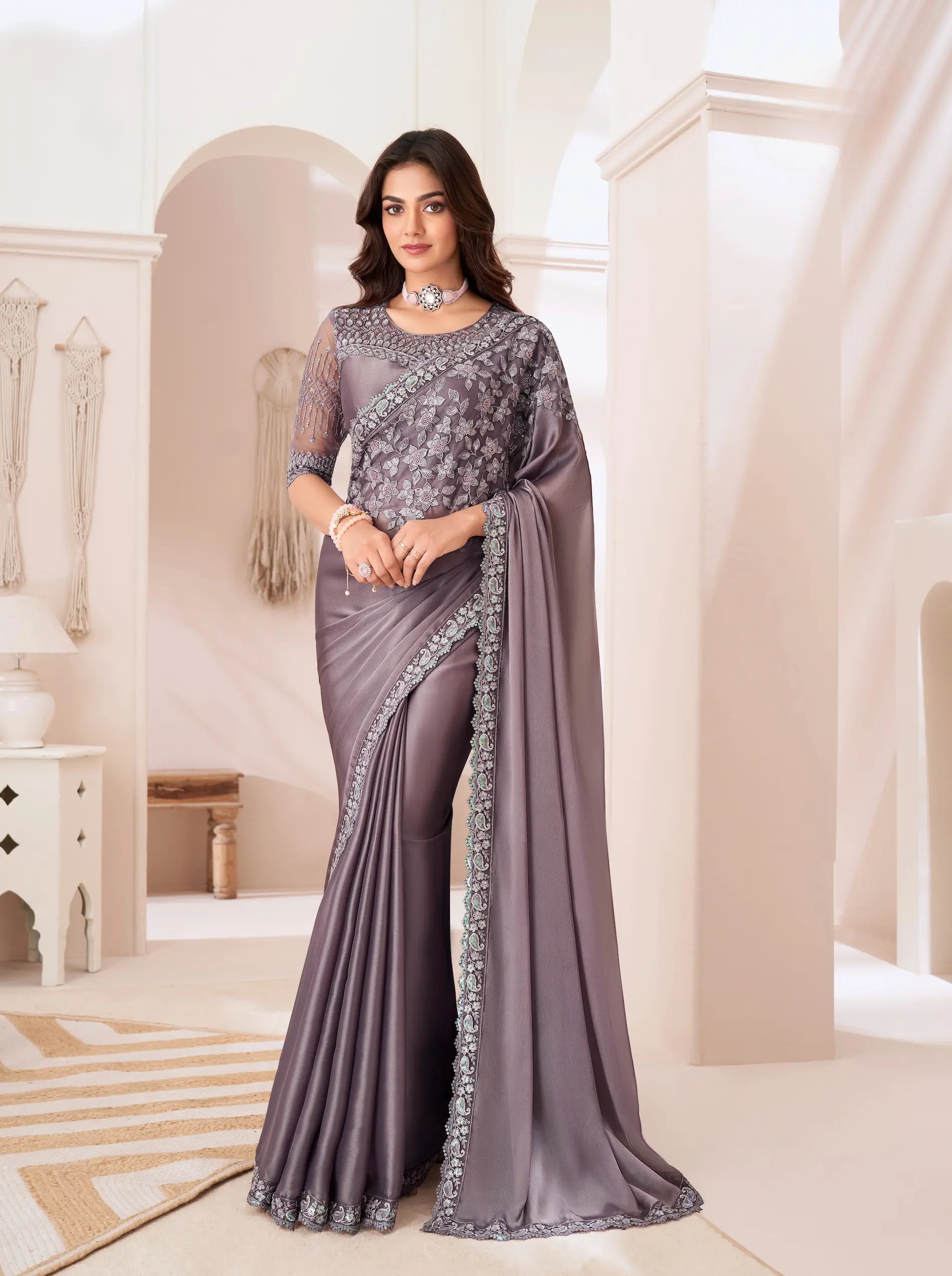 Dusty Lavender Satin Silk Party Wear Saree With Sequence & Thread Embroidery Work - qivii