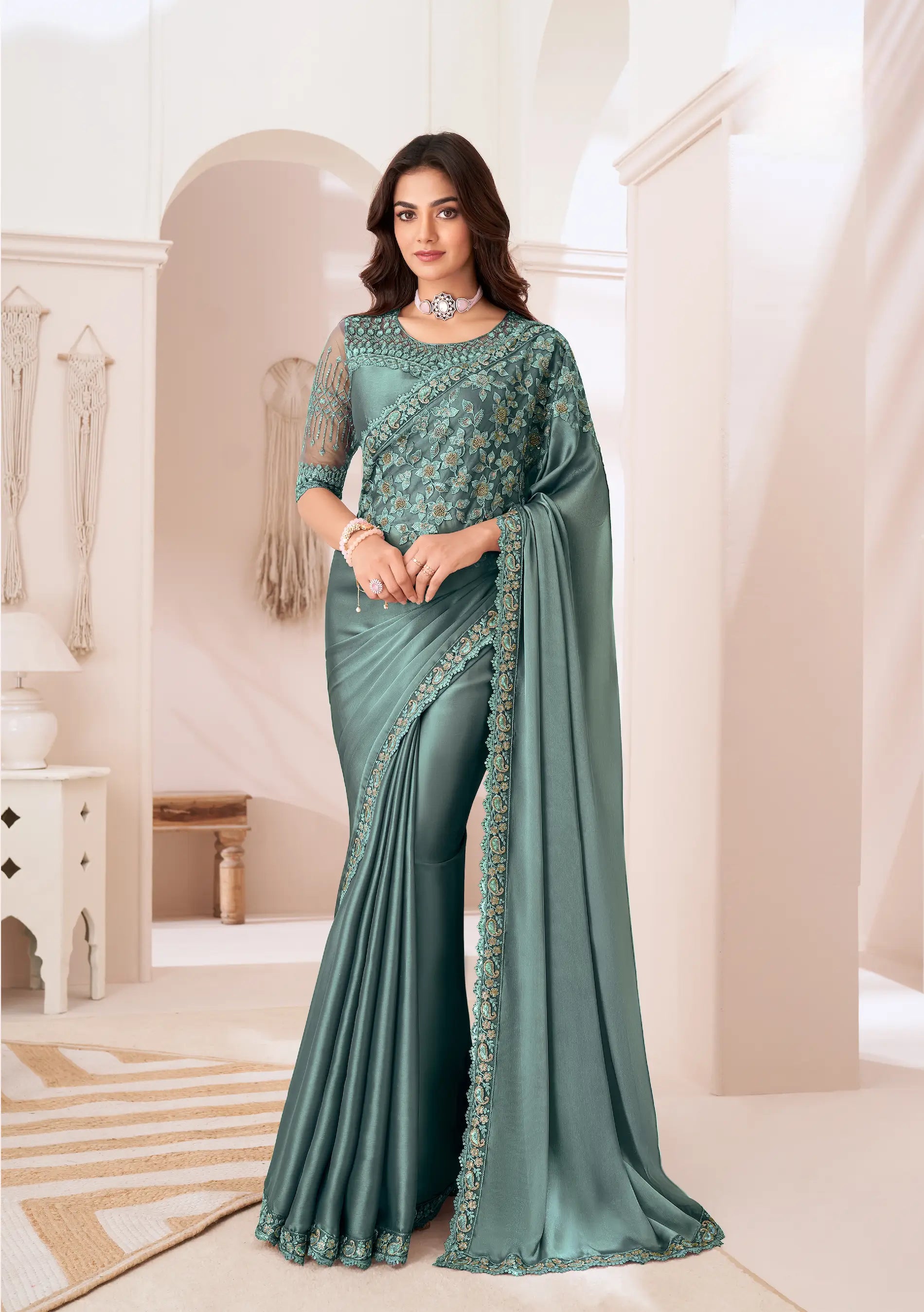 Dusty Green Satin Silk Party Wear Saree With Sequence & Thread Embroidery Work - qivii