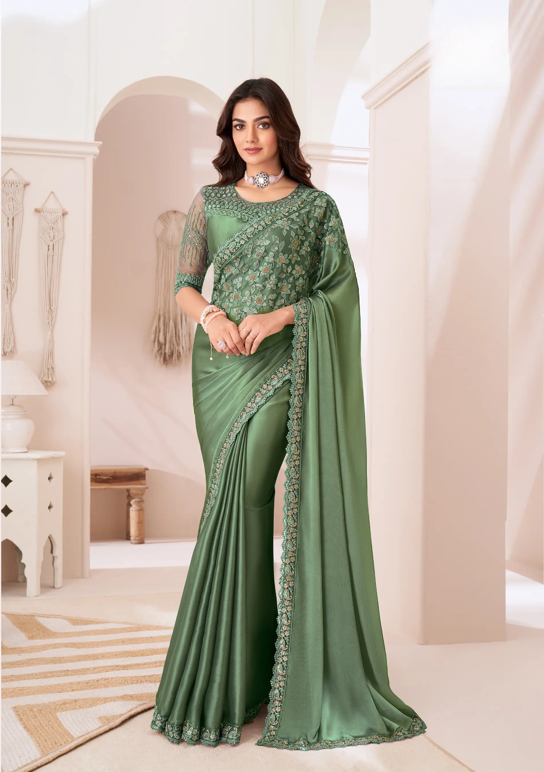 Army Green Satin Silk Party Wear Saree With Sequence & Thread Embroidery Work - qivii
