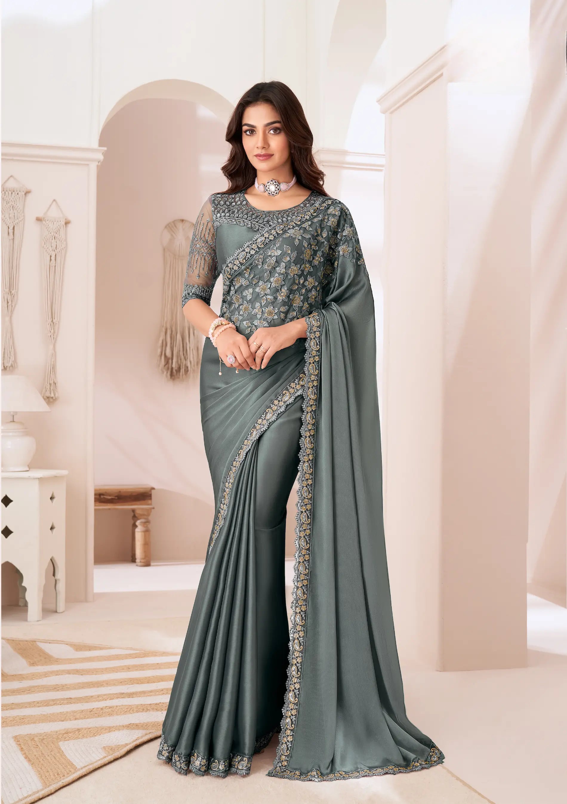 Grey Satin Silk Party Wear Saree With Sequence & Thread Embroidery Work - qivii
