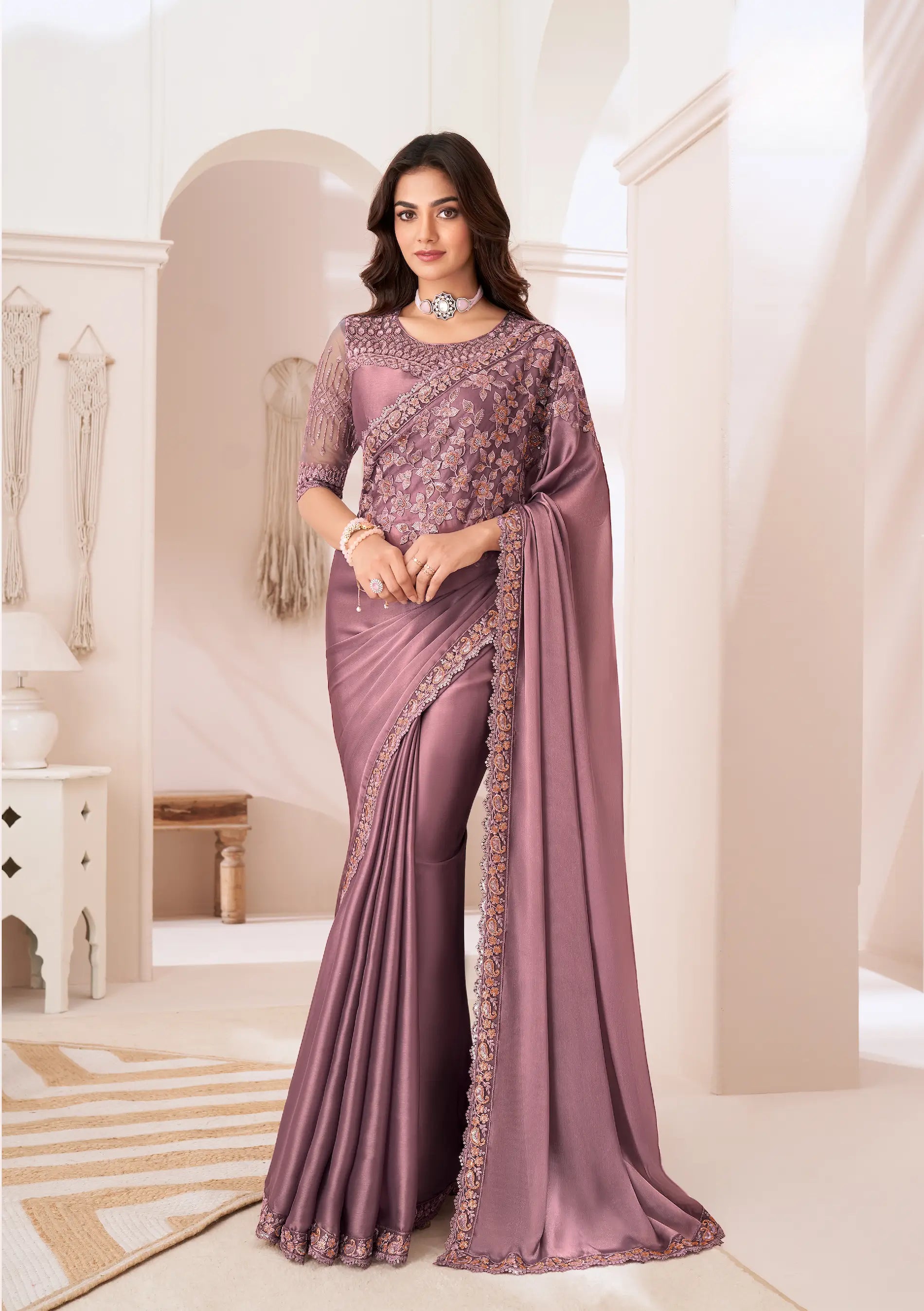 Dusty Pink Satin Silk Party Wear Saree With Sequence & Thread Embroidery Work - qivii