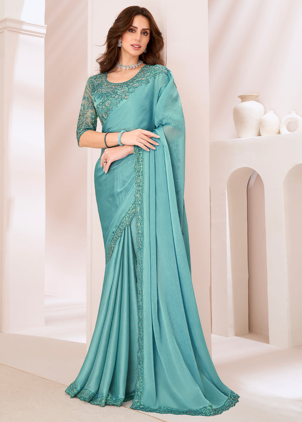Turquoise Blue Designer Embroidered Georgette Silk Saree - qivii
