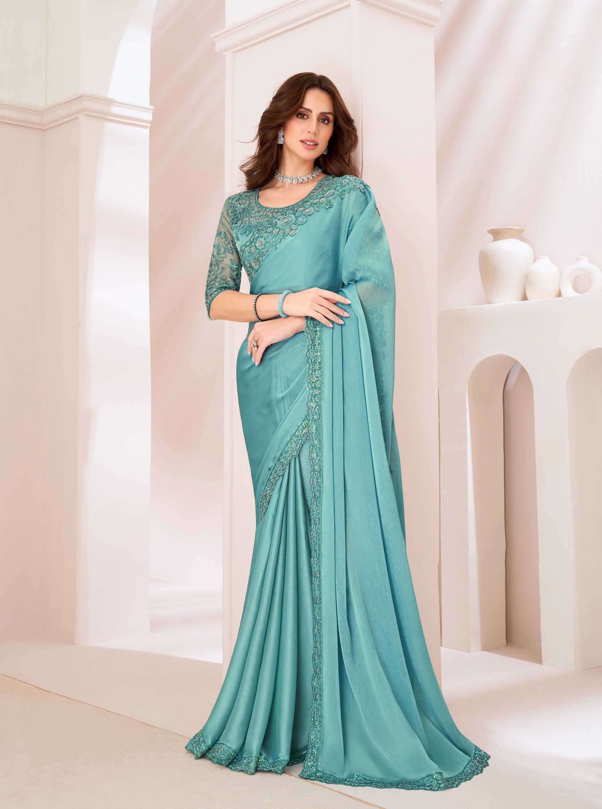 Aqua Blue Satin Georgette Party Wear Saree With Sequence & Thread Embroidery Work - qivii
