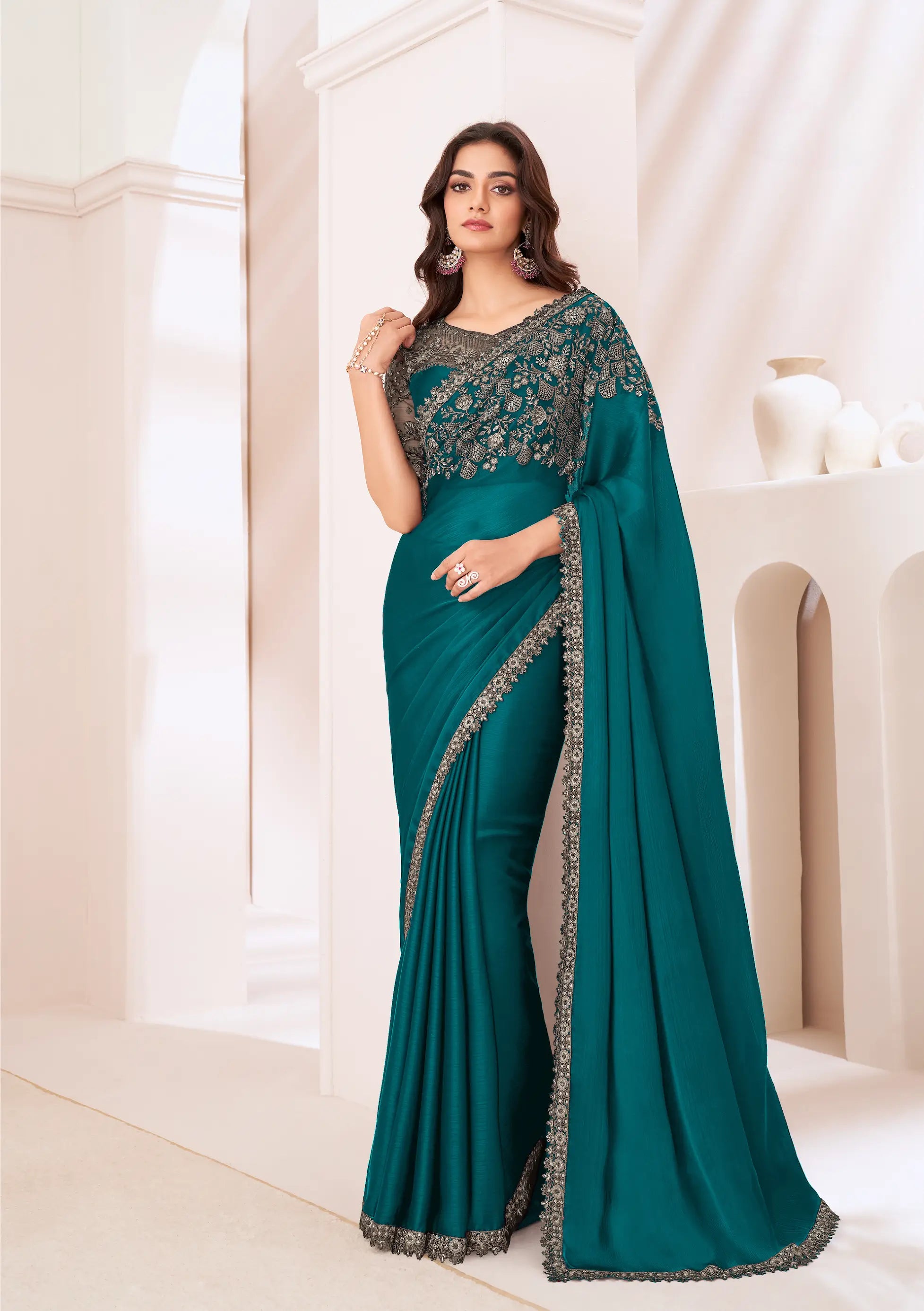 Teal Blue Satin Chiffon Party Wear Saree With Sequence & Thread Embroidery Work - qivii