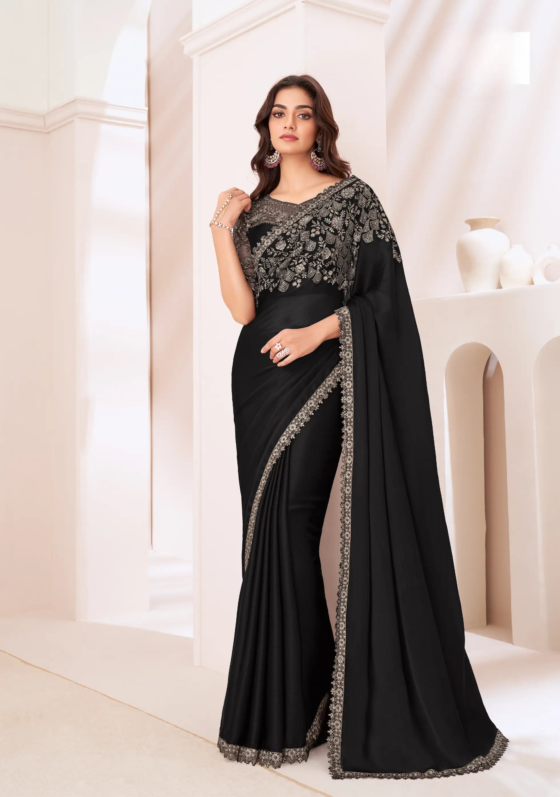 Black Satin Chiffon Party Wear Saree With Sequence & Thread Embroidery Work - qivii