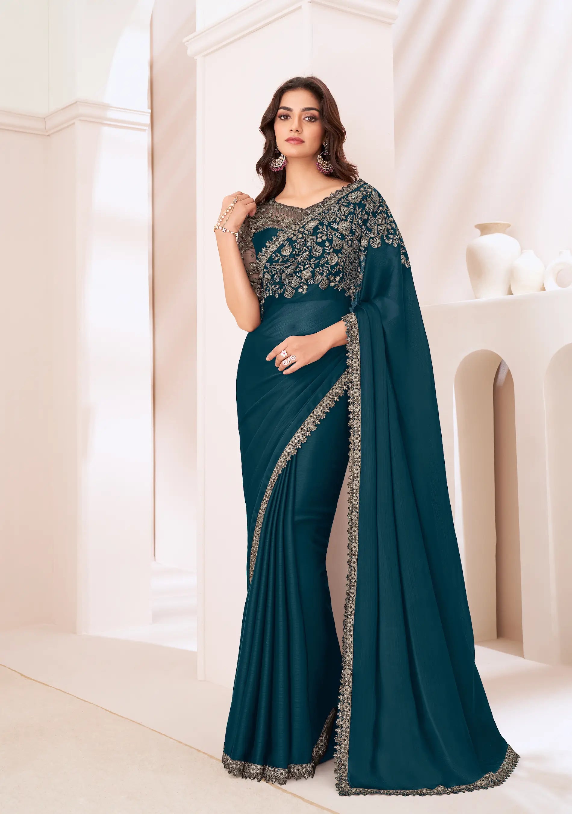 Rhino Blue Satin Chiffon Party Wear Saree With Sequence & Thread Embroidery Work - qivii