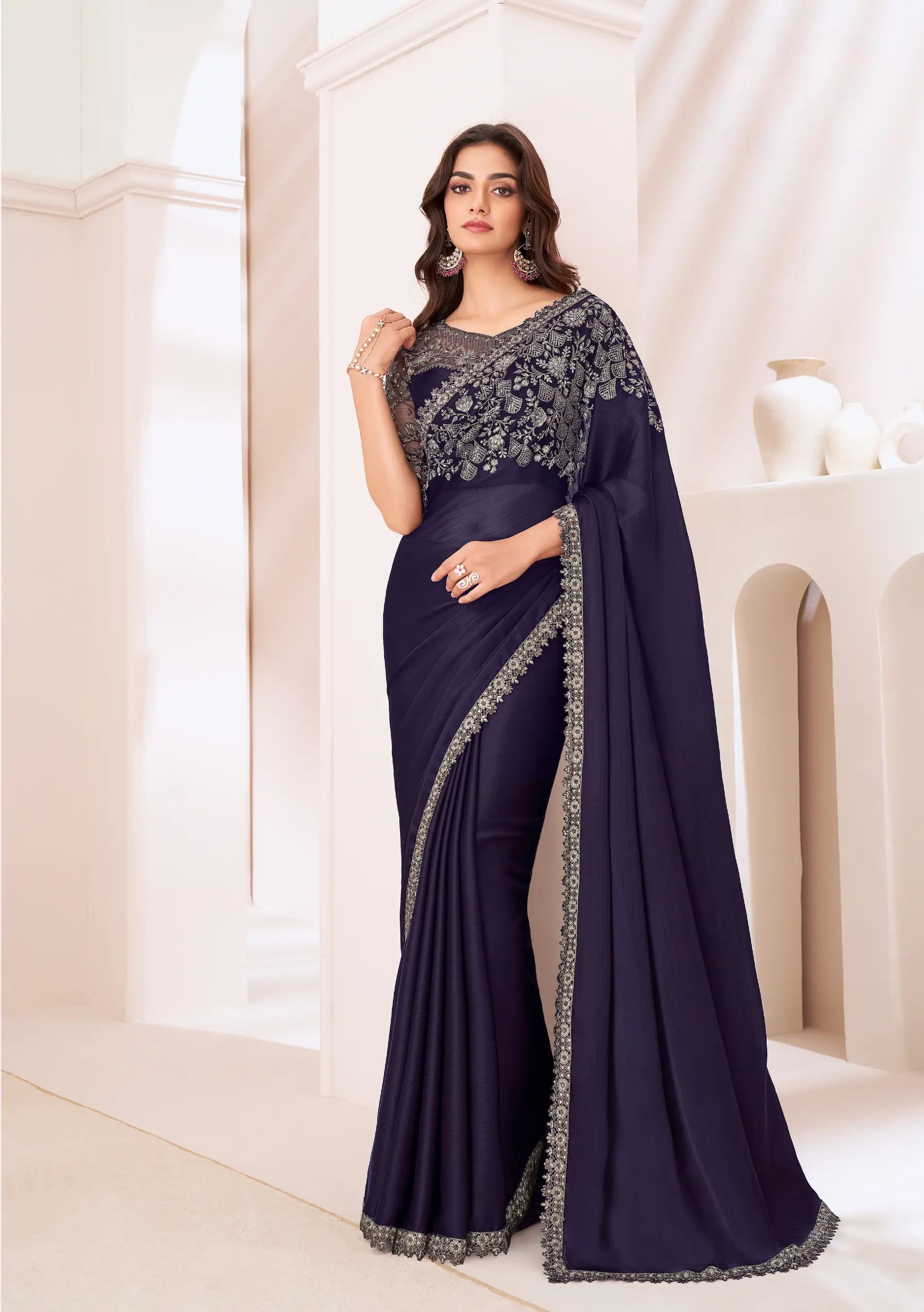Navy Blue Satin Chiffon Party Wear Saree With Sequence & Thread Embroidery Work - qivii