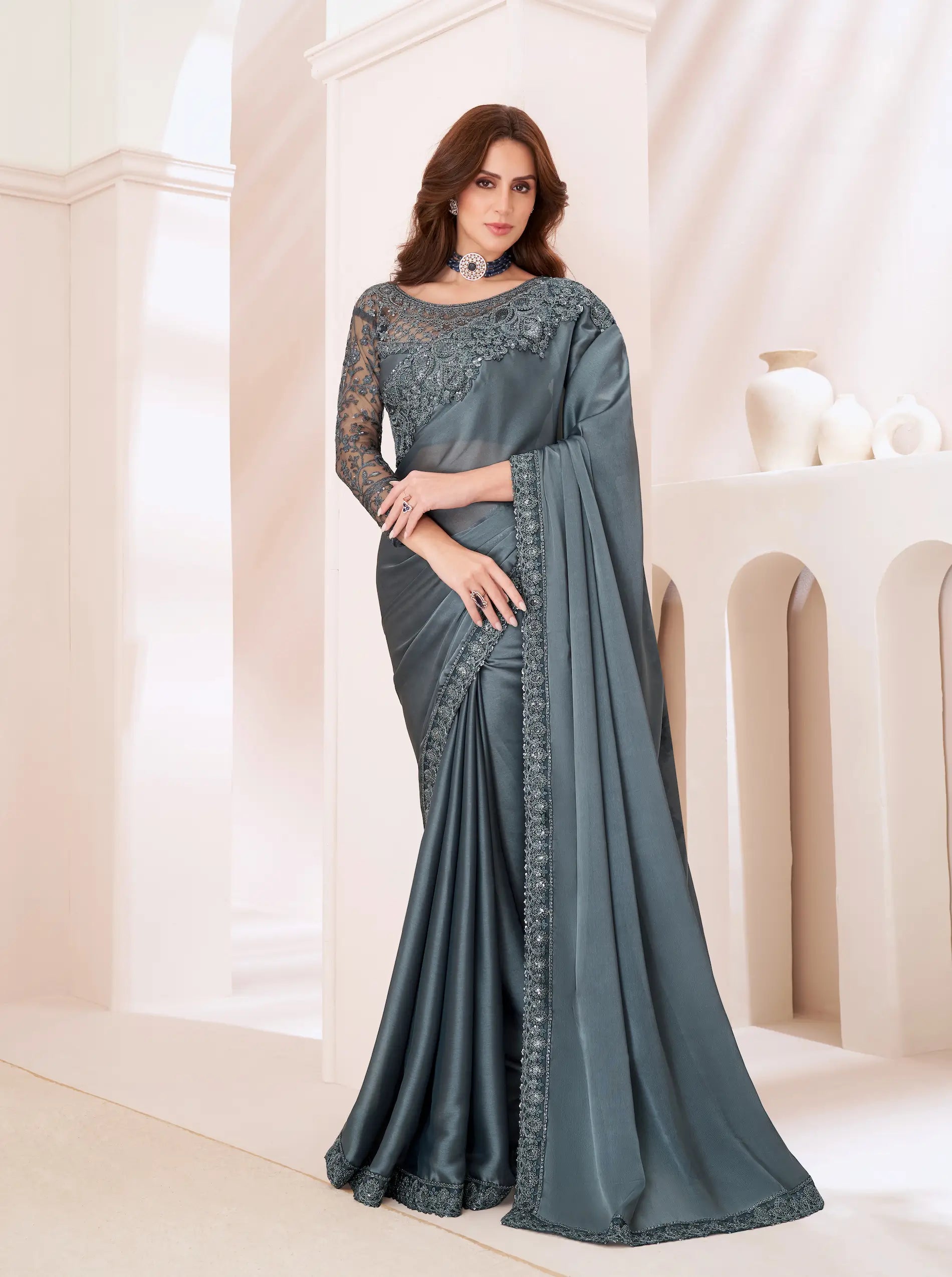Grey Georgette Party Wear Saree With Sequence & Thread Embroidery Work - qivii