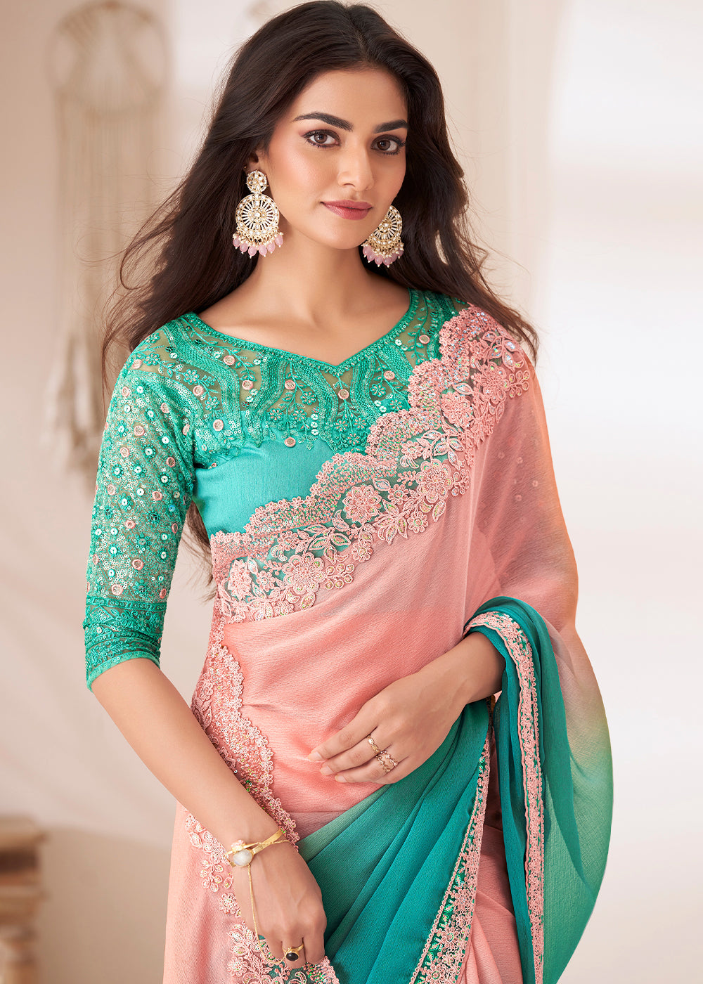 Blue & Pink Designer Embroidered Shaded Chiffon Saree - qivii