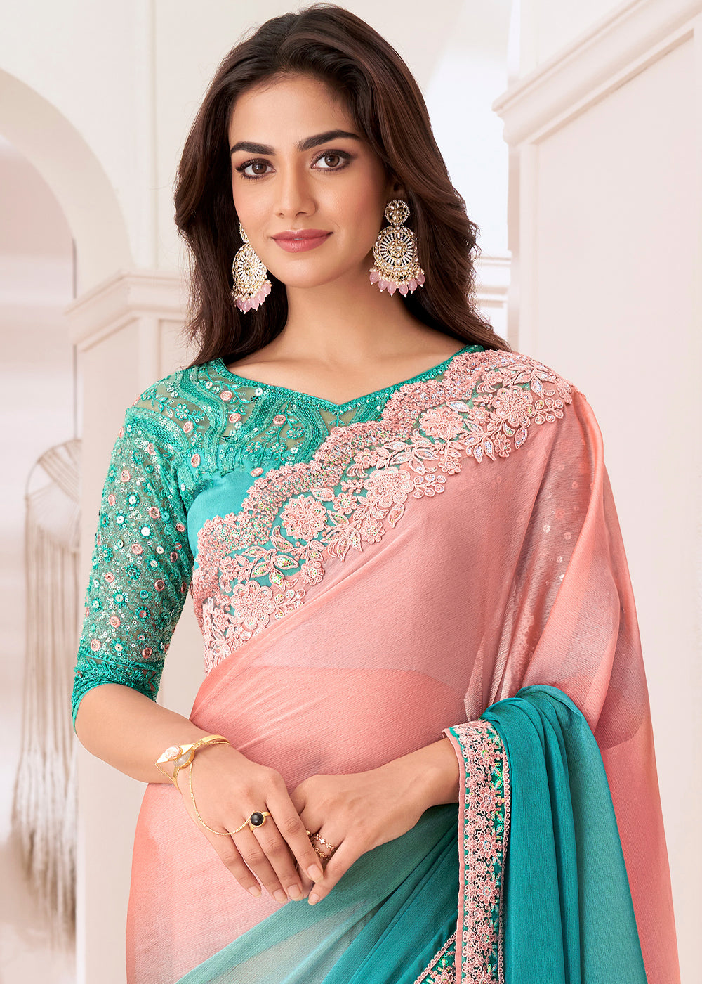 Blue & Pink Designer Embroidered Shaded Chiffon Saree - qivii