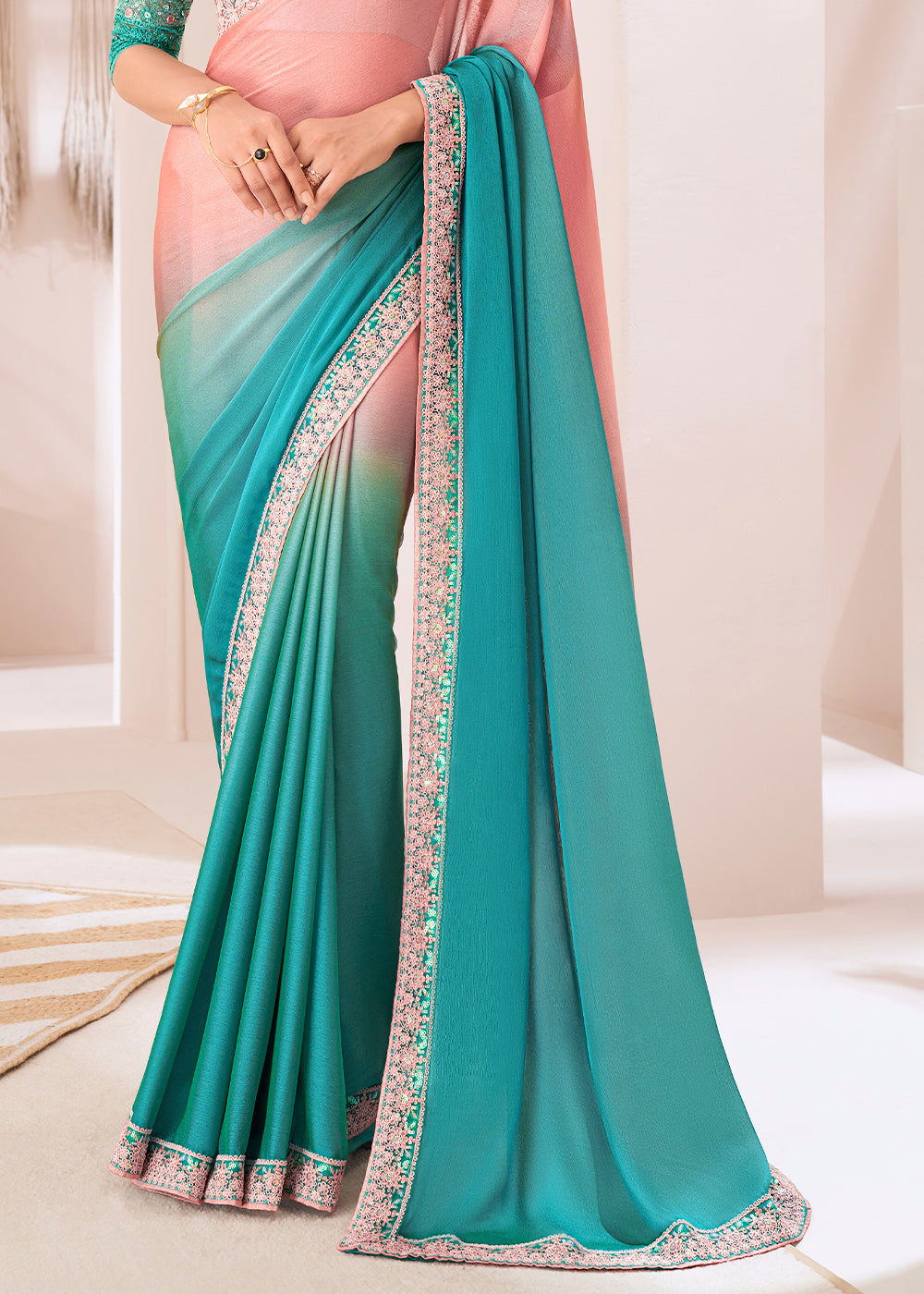 Blue & Pink Designer Embroidered Shaded Chiffon Saree - qivii