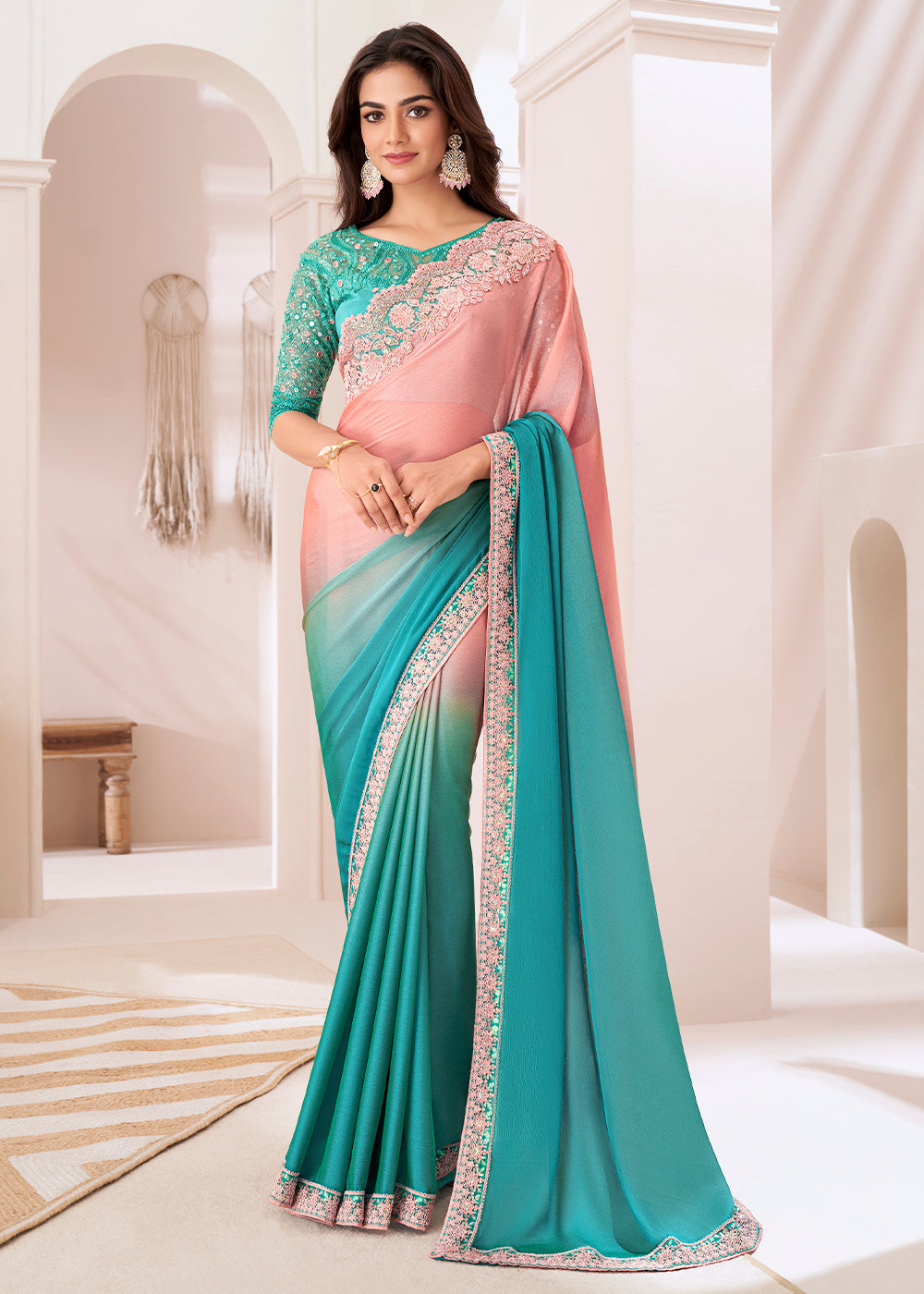 Blue & Pink Designer Embroidered Shaded Chiffon Saree - qivii
