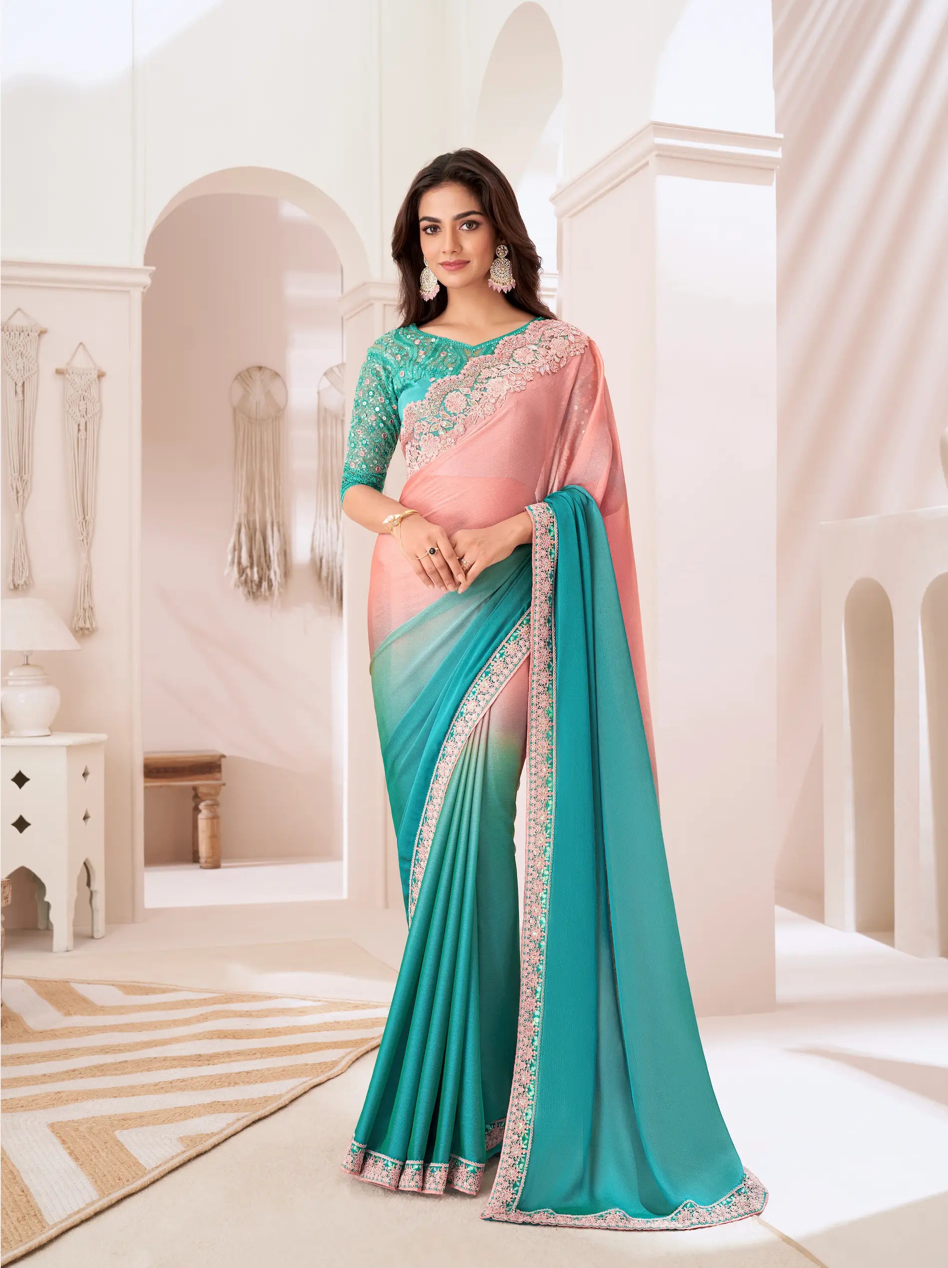 Shaded Chiffon Party Wear Saree With Sequence & Thread Embroidery Work - qivii
