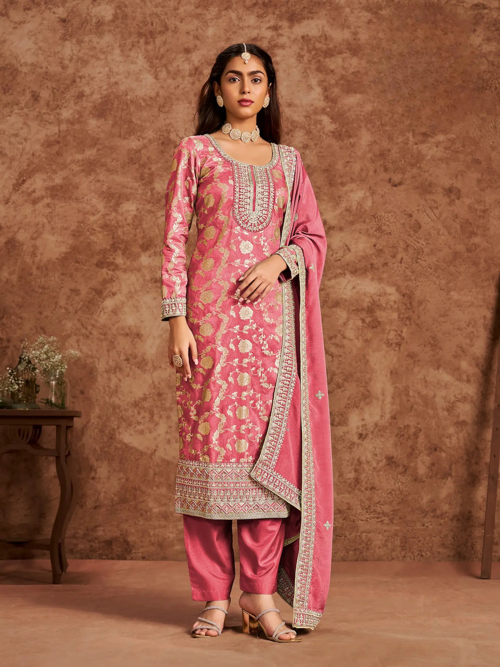 Peach Dola Silk Palazzo Salwar Suit With Thread & Sequins Embroidery Work - qivii