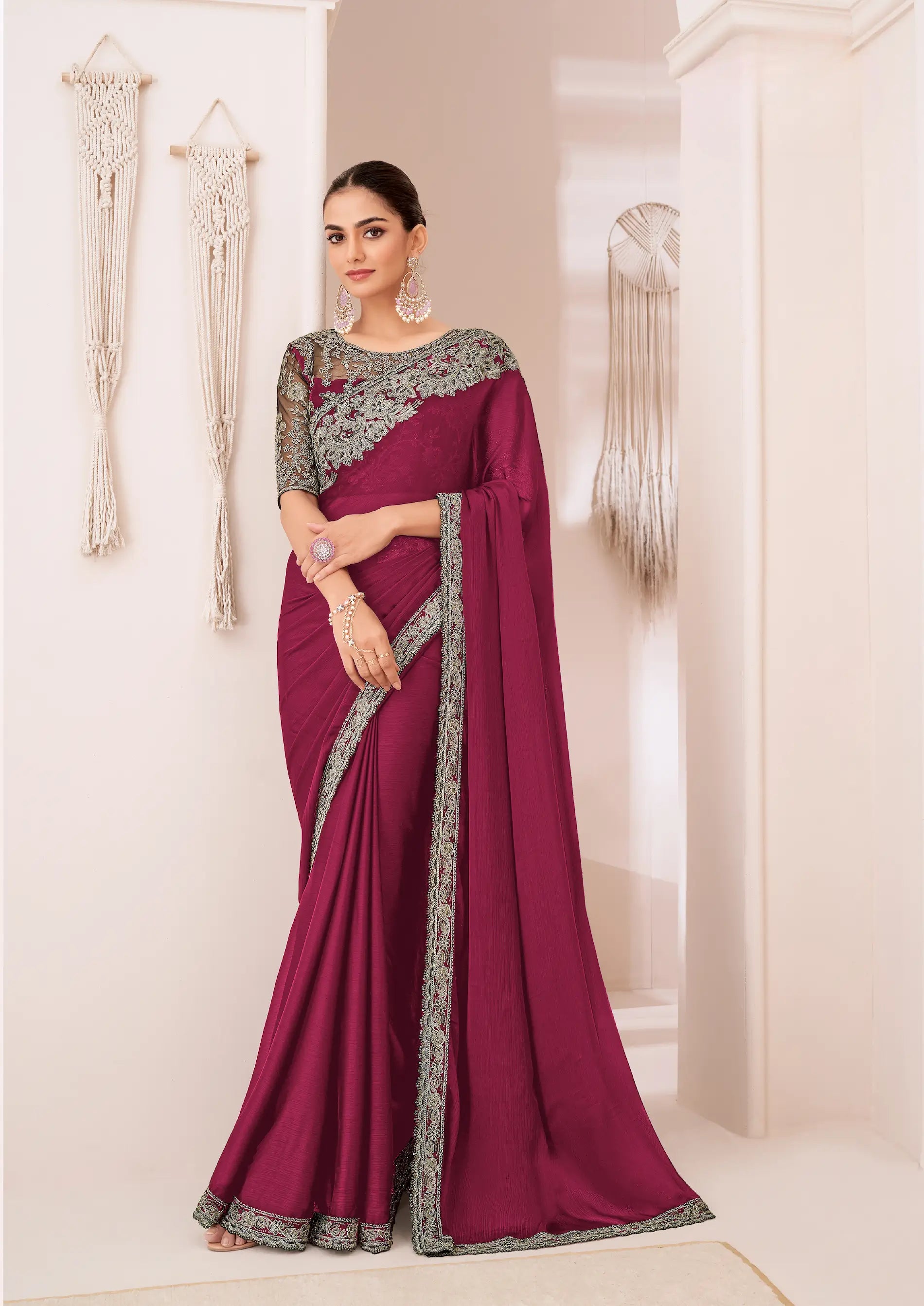 Cherry Red Georgette Chiffon Party Wear Saree With Sequence & Thread Embroidery Work - qivii