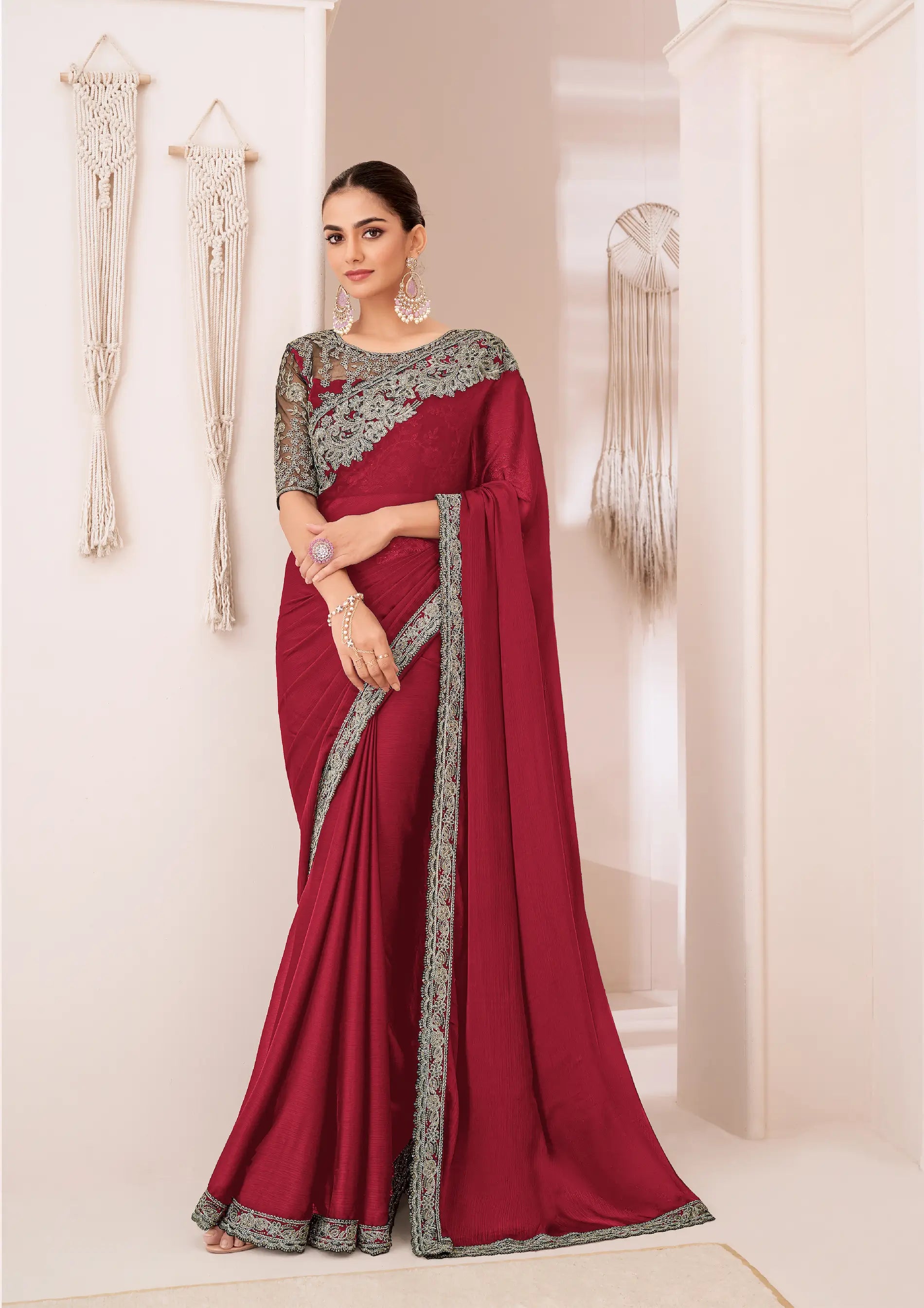 Red Georgette Chiffon Party Wear Saree With Sequence & Thread Embroidery Work - qivii