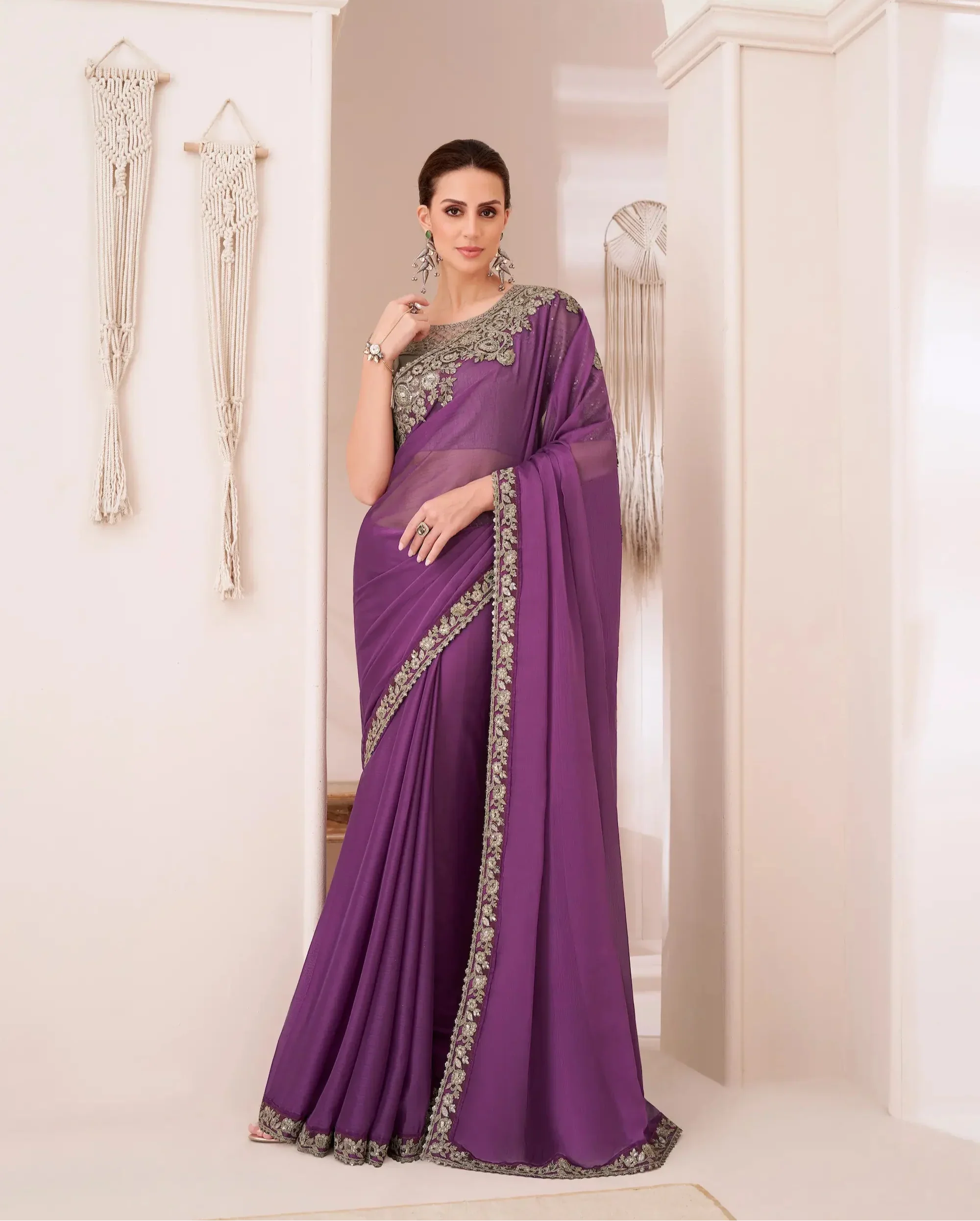 Dark Purple Georgette Chiffon Party Wear Saree With Sequence & Thread Embroidery Work - qivii