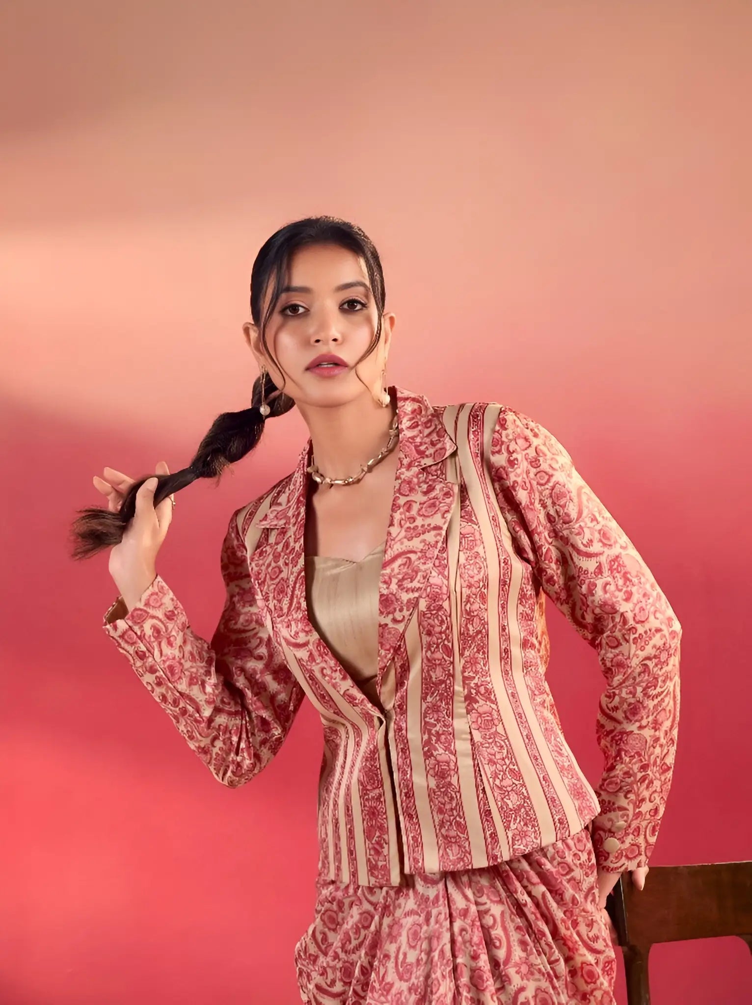 Peach Tasar Silk Stylish Indo-Western