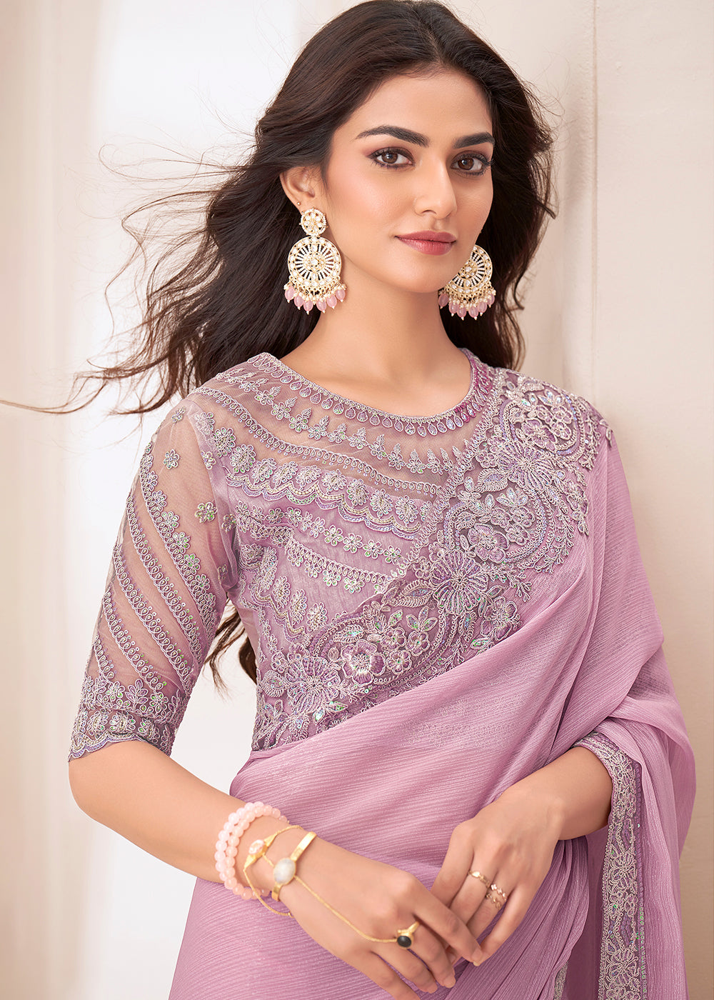 Light Lilac Purple Designer Embroidered Shaded Chiffon Saree - qivii