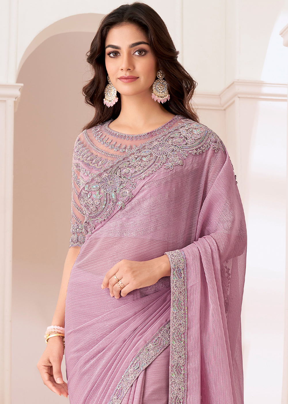 Light Lilac Purple Designer Embroidered Shaded Chiffon Saree - qivii
