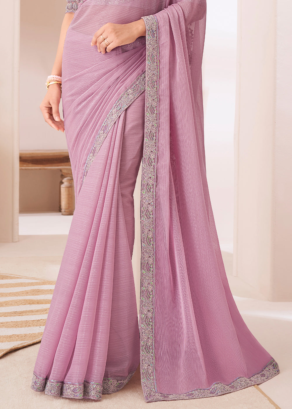 Light Lilac Purple Designer Embroidered Shaded Chiffon Saree - qivii