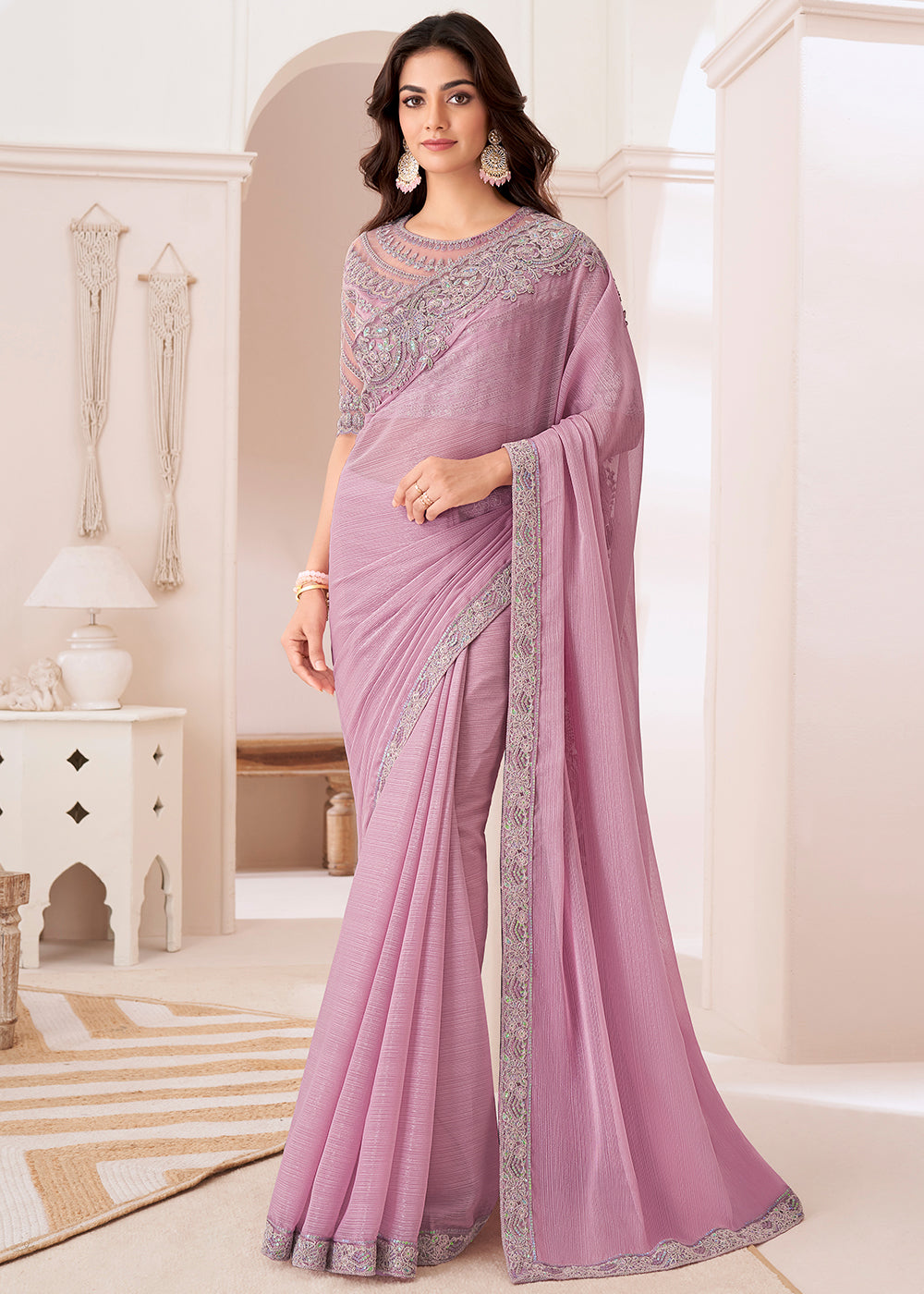 Light Lilac Purple Designer Embroidered Shaded Chiffon Saree - qivii