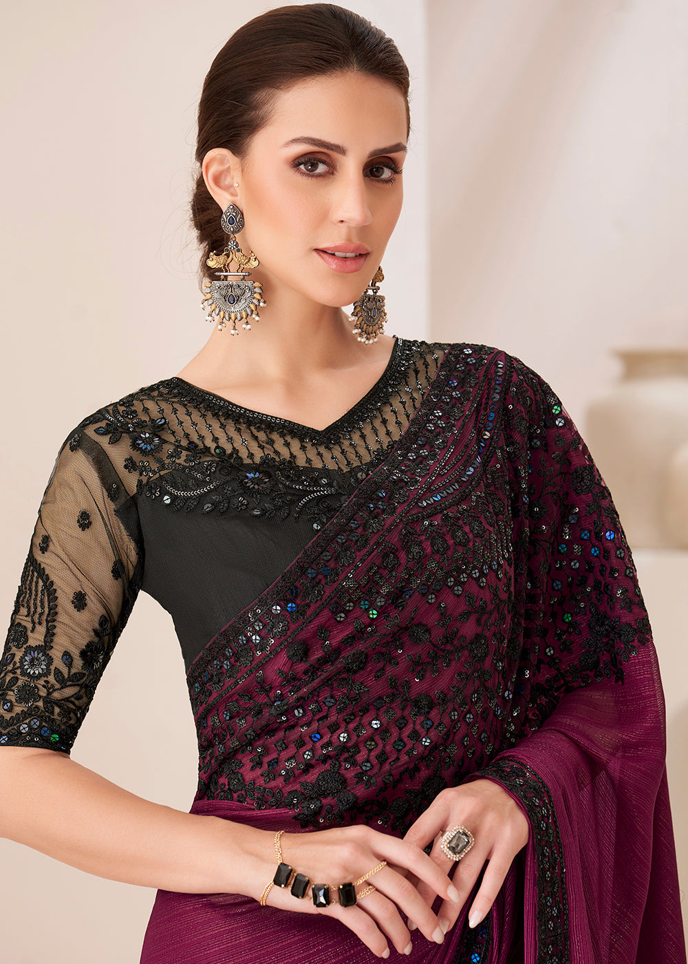 Sangria Purple Designer Embroidered Satin Georgette Saree - qivii