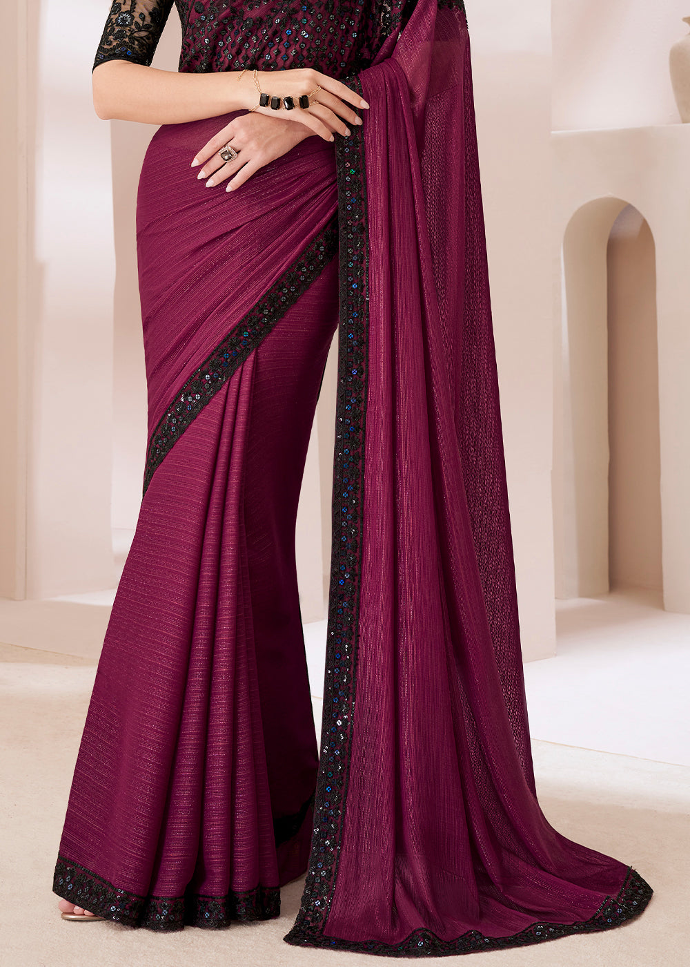 Sangria Purple Designer Embroidered Satin Georgette Saree - qivii