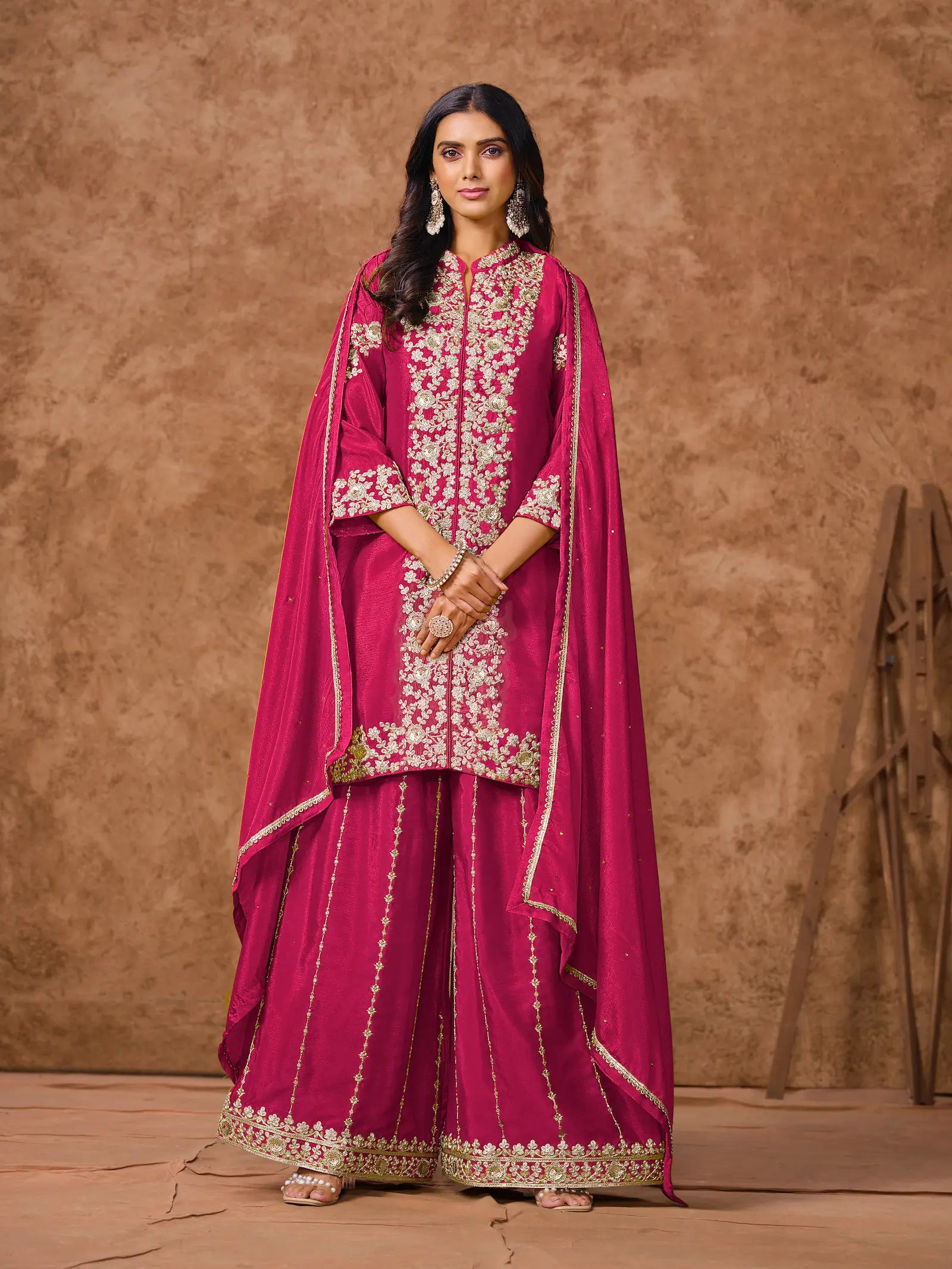 Hot Pink Chinon Palazzo Salwar Suit With Thread & Sequins Embroidery Work - qivii